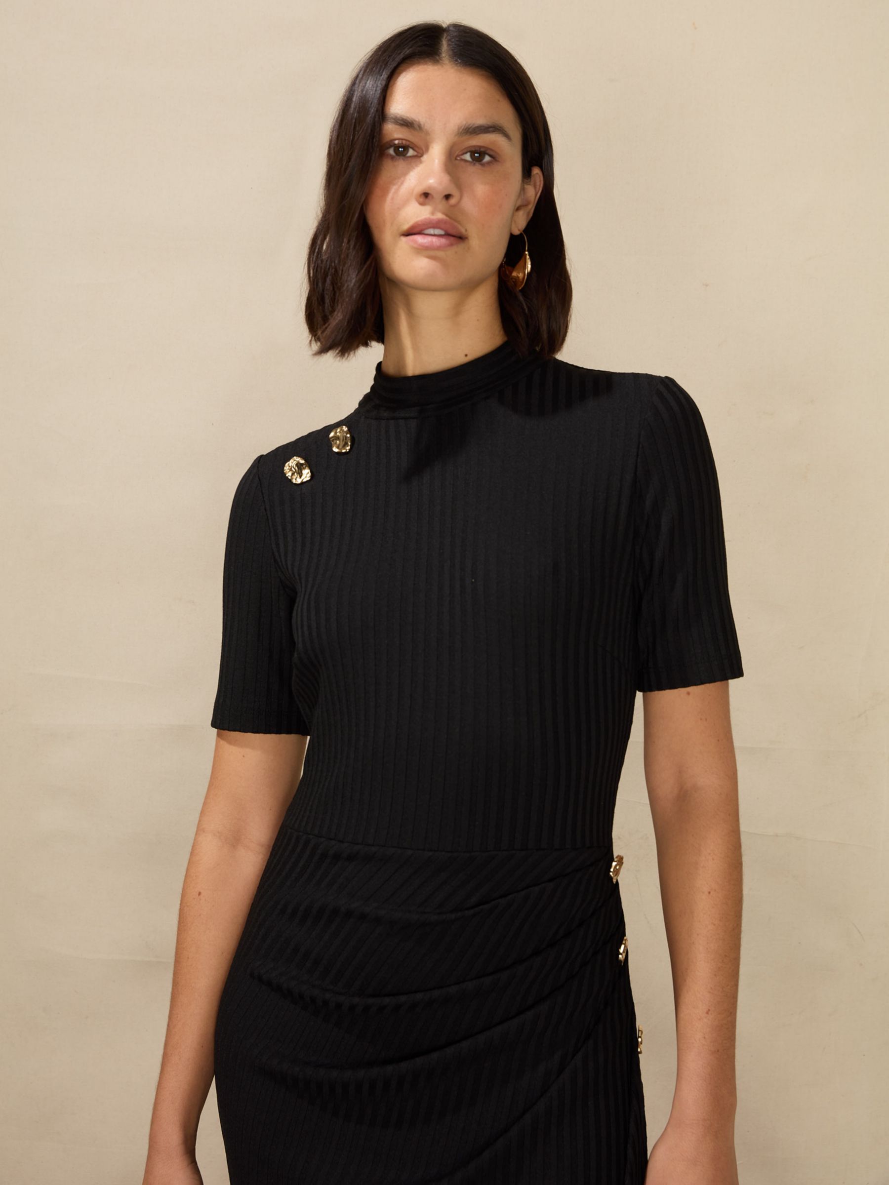 Ro&Zo Petite Ribbed Split Front Midi Dress, Black at John Lewis & Partners