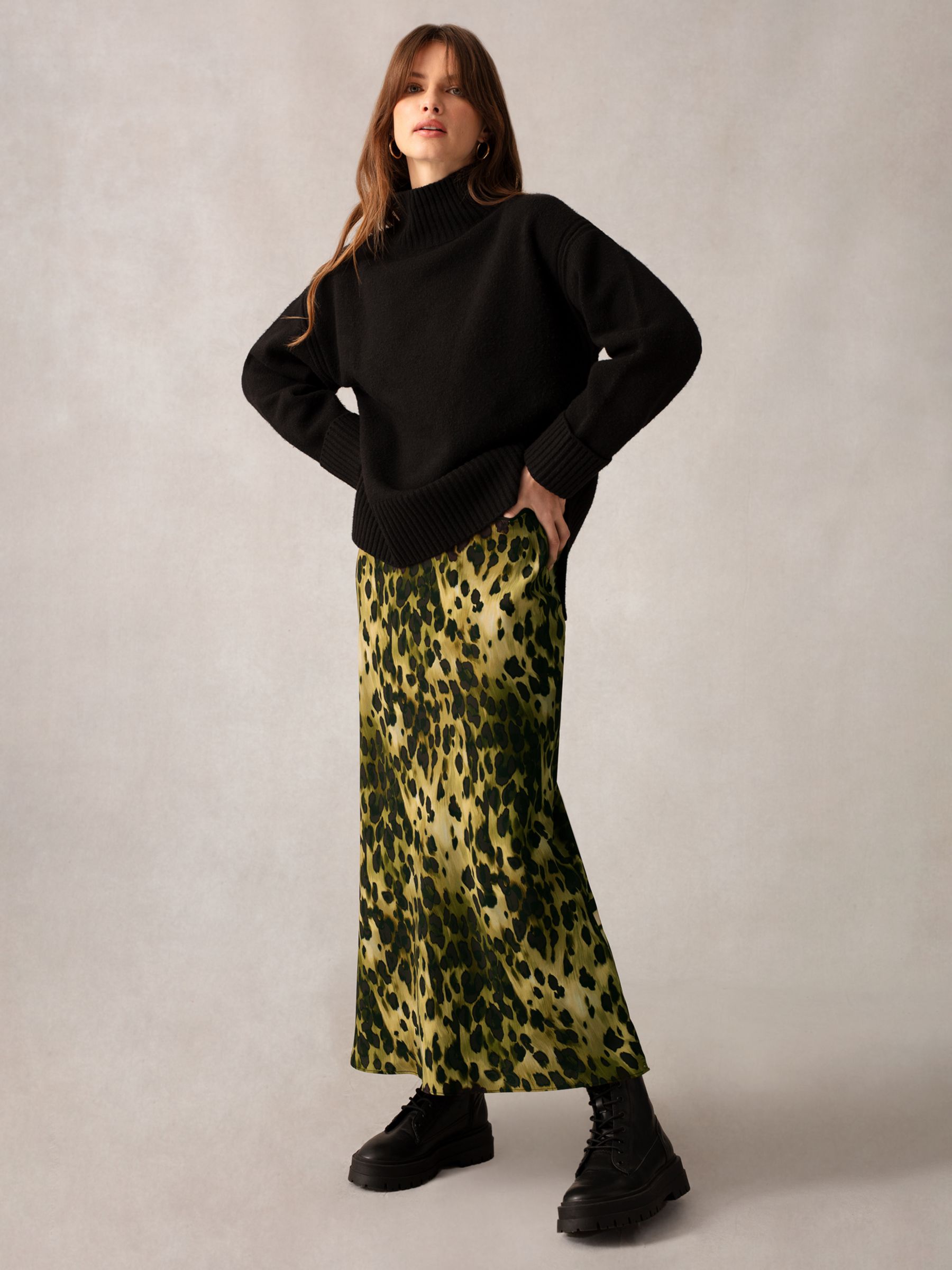 Ro&Zo Soft Leopard Print Bias Cut Midi Skirt, Black/Multi at John Lewis ...