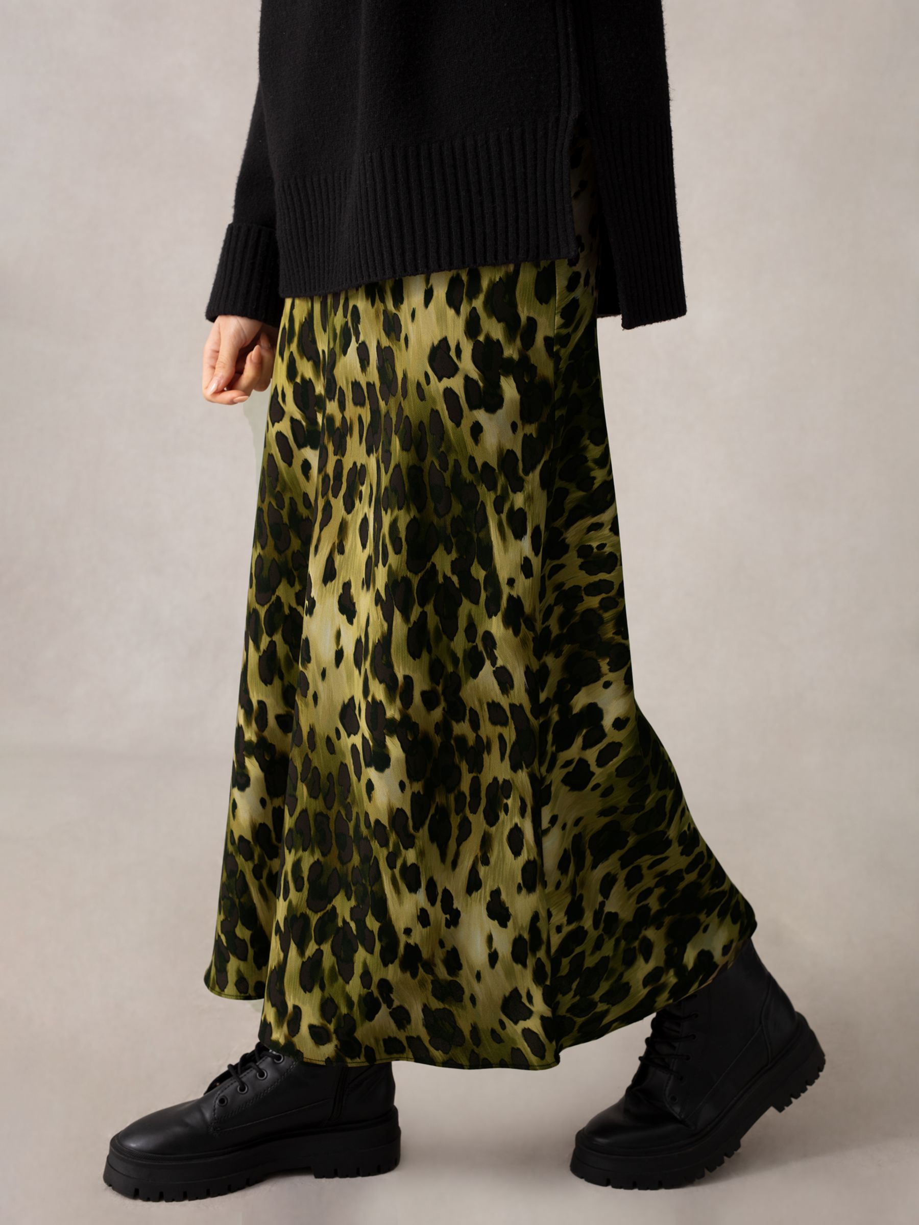 Ro&Zo Soft Leopard Print Bias Cut Midi Skirt, Black/Multi, 6