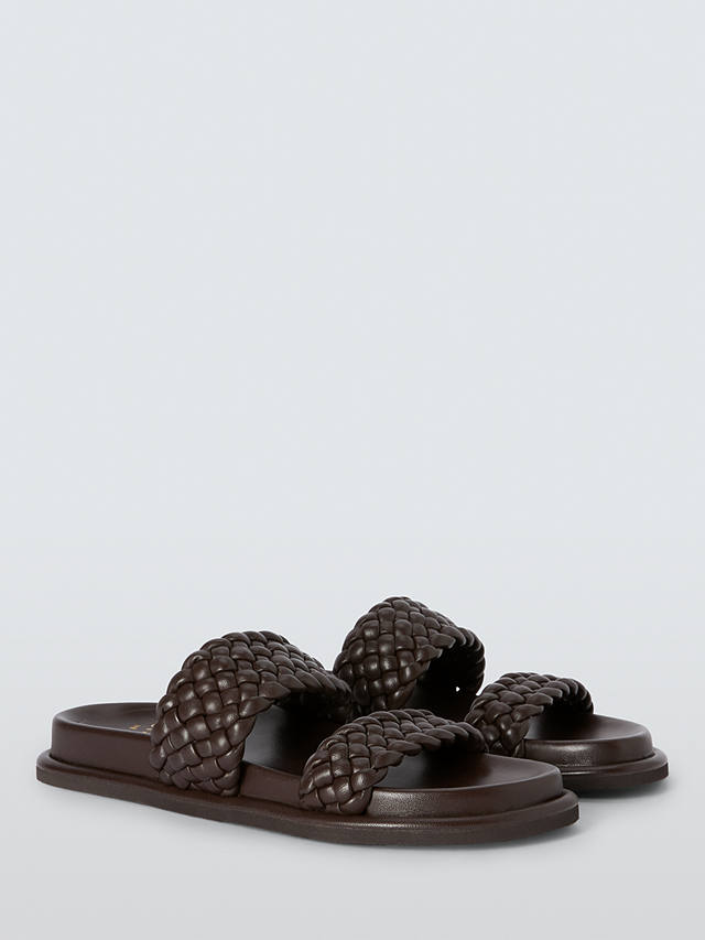 John Lewis Lovey Leather Woven Padded Footbed Sliders, Chocolate