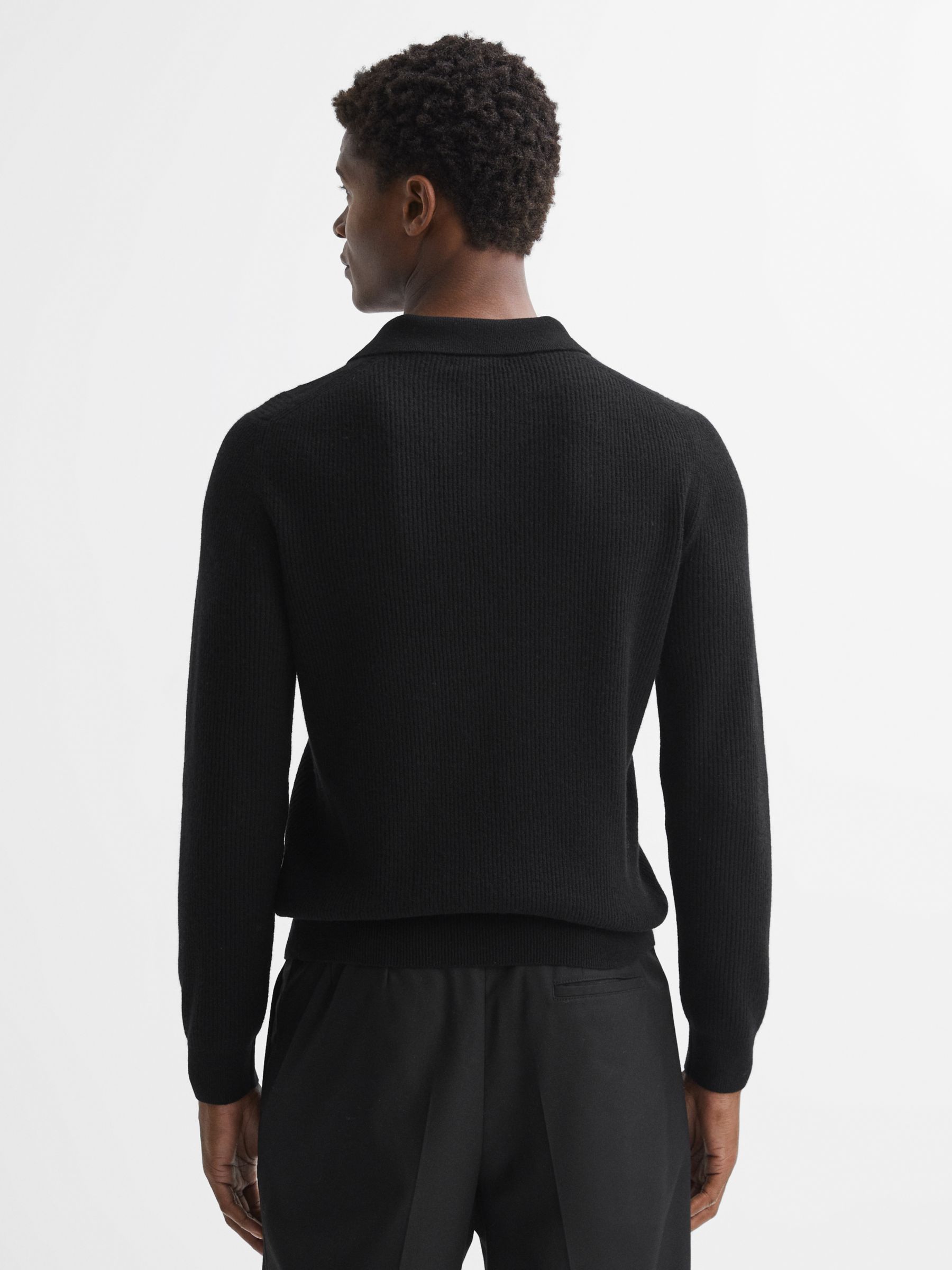 Reiss Malik Long Sleeve Knitted Polo Shirt, Black at John Lewis & Partners