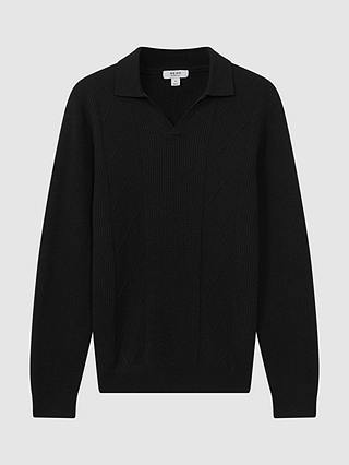 Reiss Malik Long Sleeve Knitted Polo Shirt, Black