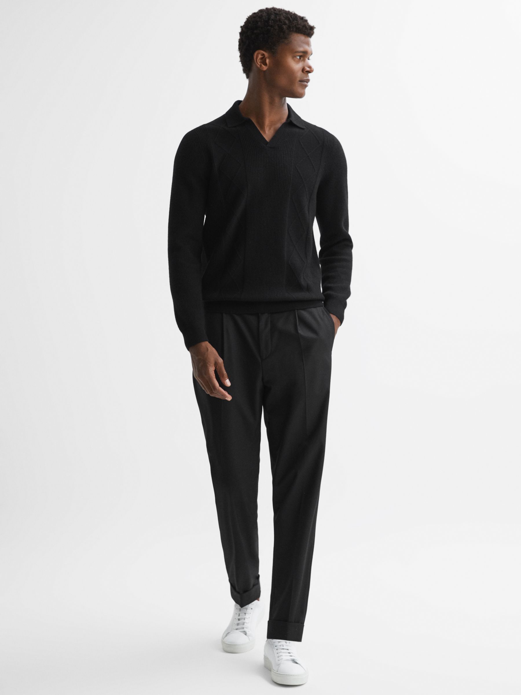 Reiss Malik Long Sleeve Knitted Polo Shirt, Black, S