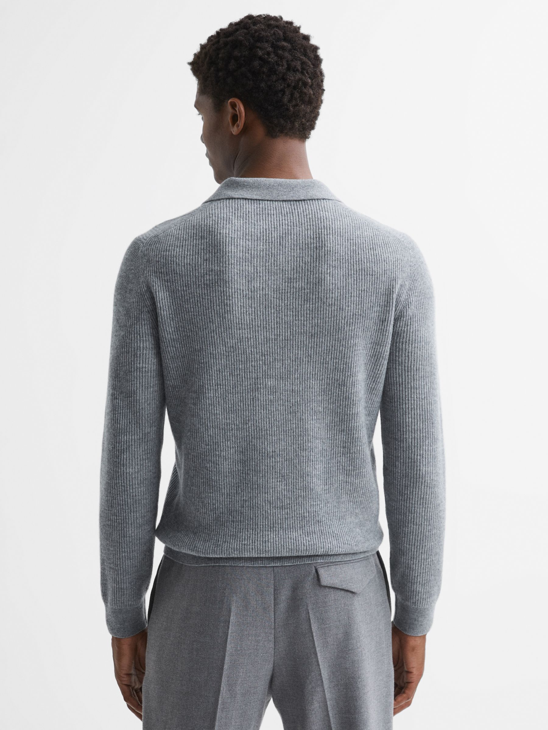 Reiss Malik Long Sleeve Knitted Polo Shirt, Grey at John Lewis & Partners