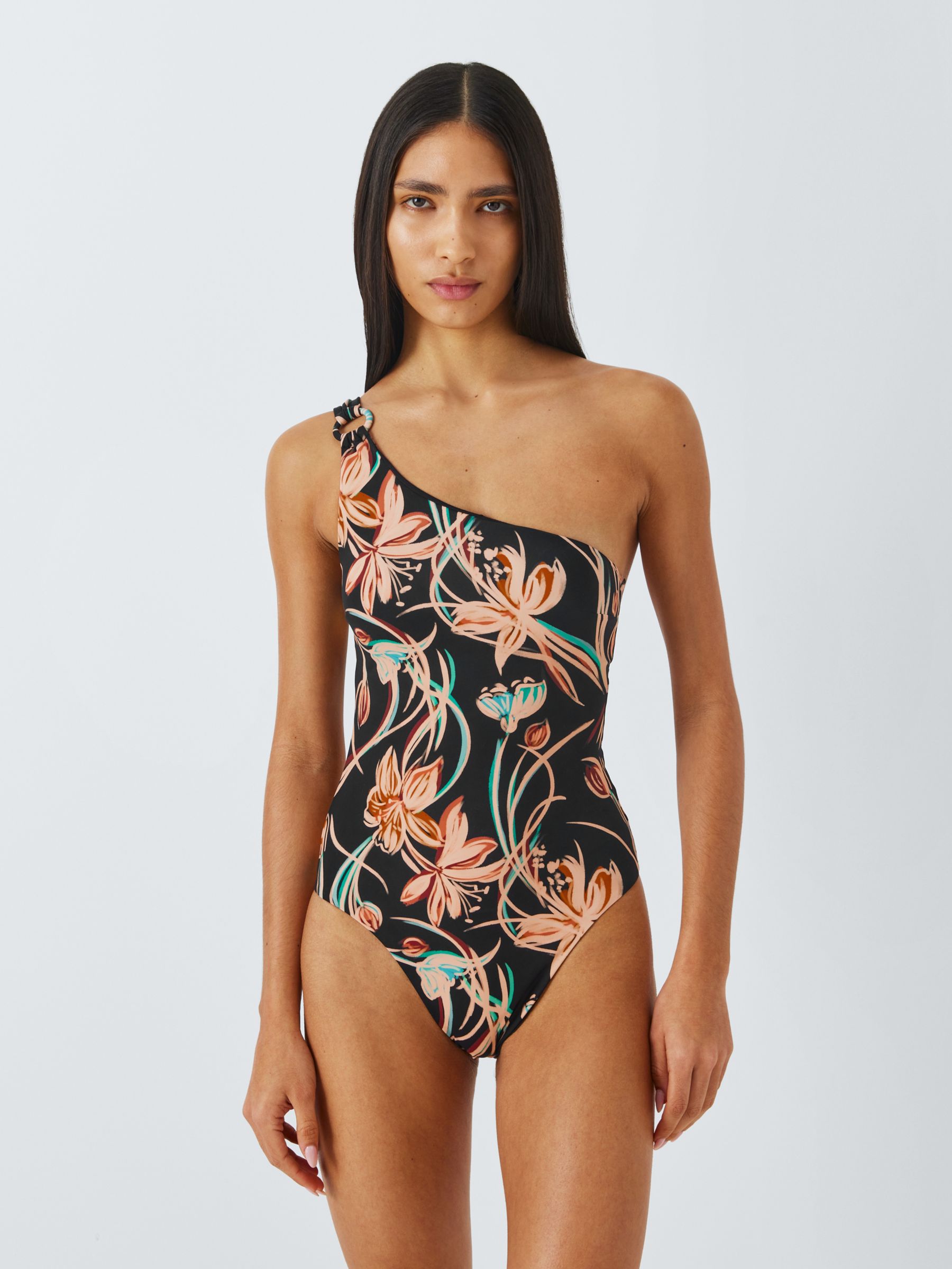 John Lewis Ios Floral One Shoulder Swimsuit, Black/Multi, 18