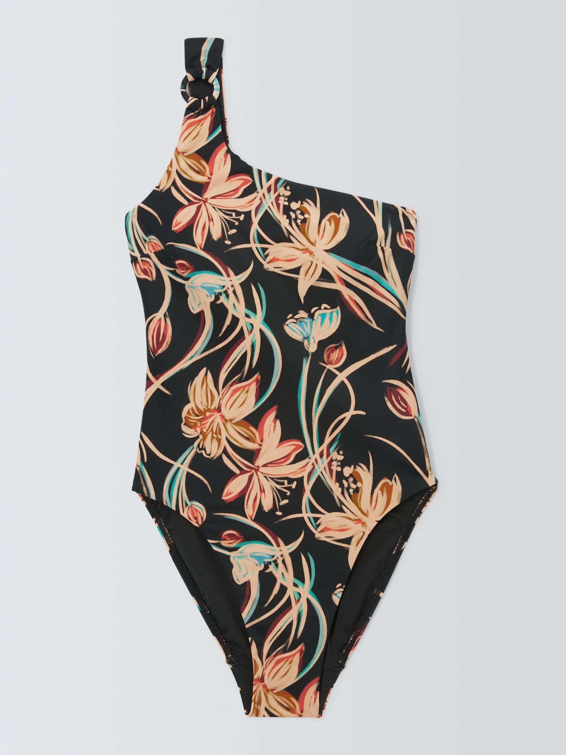 John Lewis Ios Floral One Shoulder Swimsuit, Black/Multi, 18