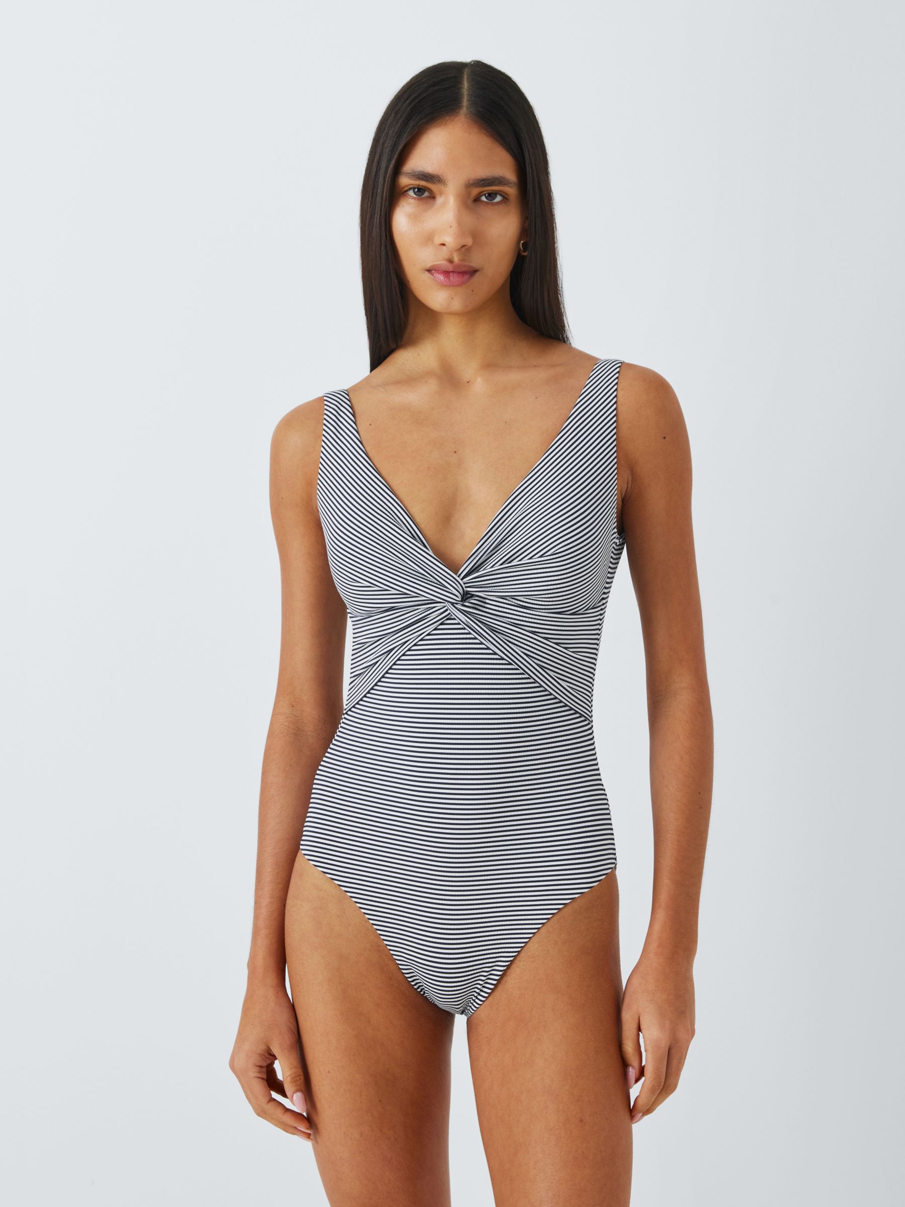 John Lewis St Tropez Stripe Twist Front Shaping Swimsuit, Navy, 8