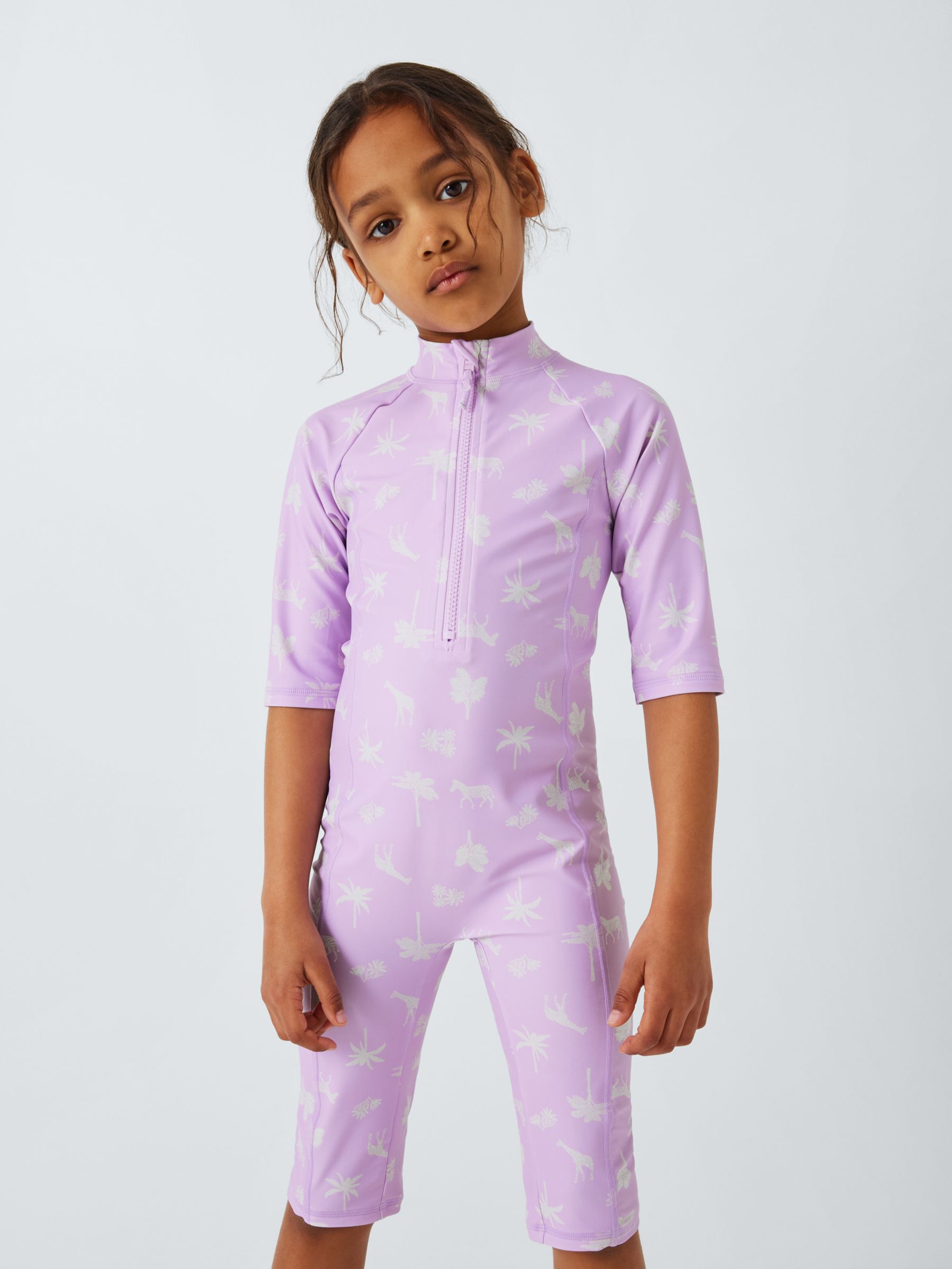 John Lewis Kids' Safari Print Sunpro Swimsuit, Lilac, 10 years