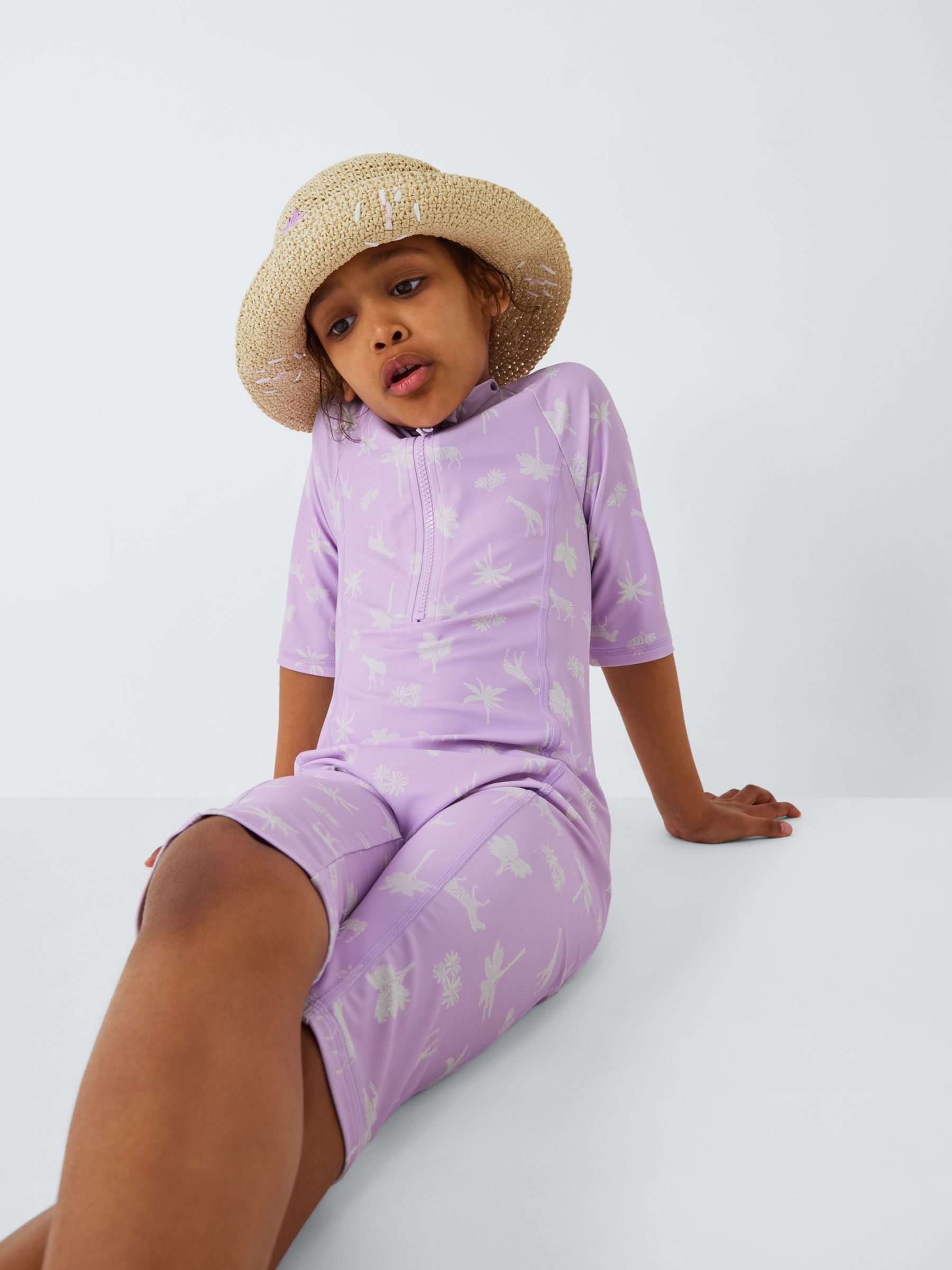 John Lewis Kids' Safari Print Sunpro Swimsuit, Lilac, 10 years