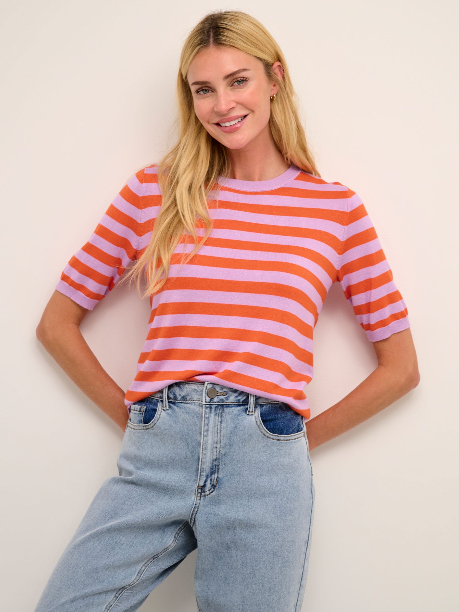 KAFFE Milo Striped Knitted Half Sleeve Top, Lupine/Orange, XS