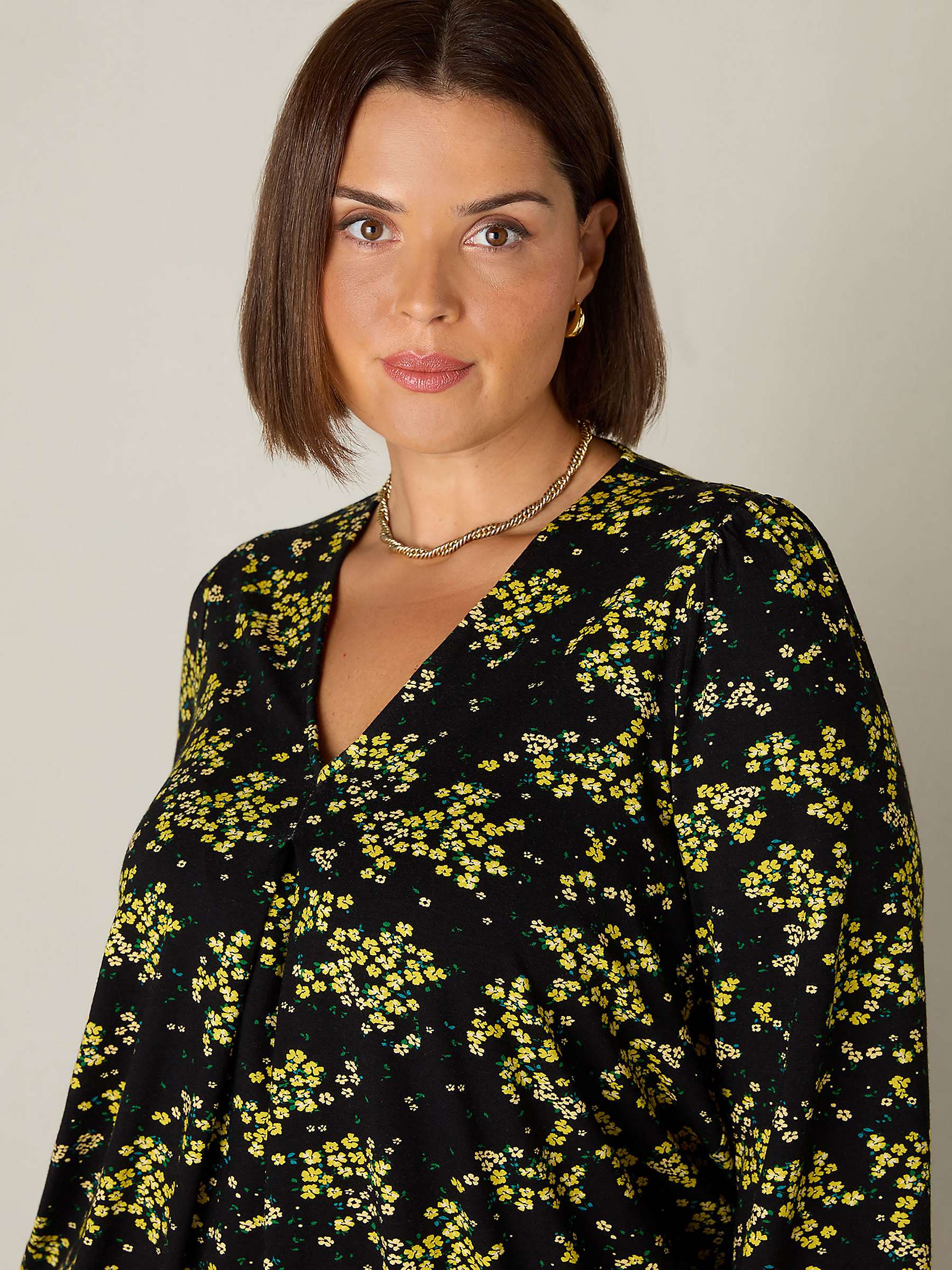 Buy Live Unlimited Curve Ditsy Print Jersey Pleat Front Top, Yellow/Black Online at johnlewis.com