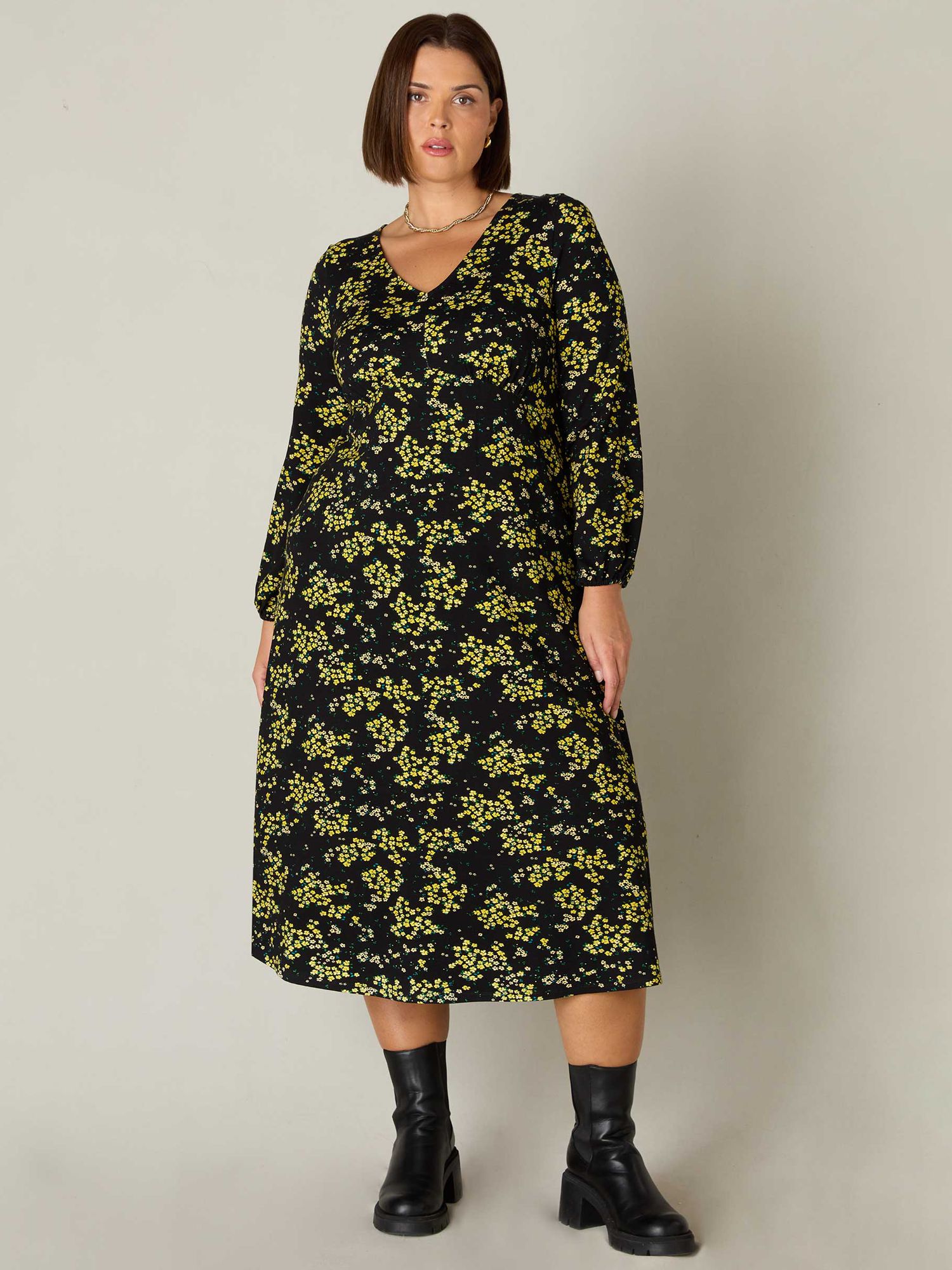 Live Unlimited Curve Ditsy Floral Print Gathered Midi Dress, Yellow/Black, 14