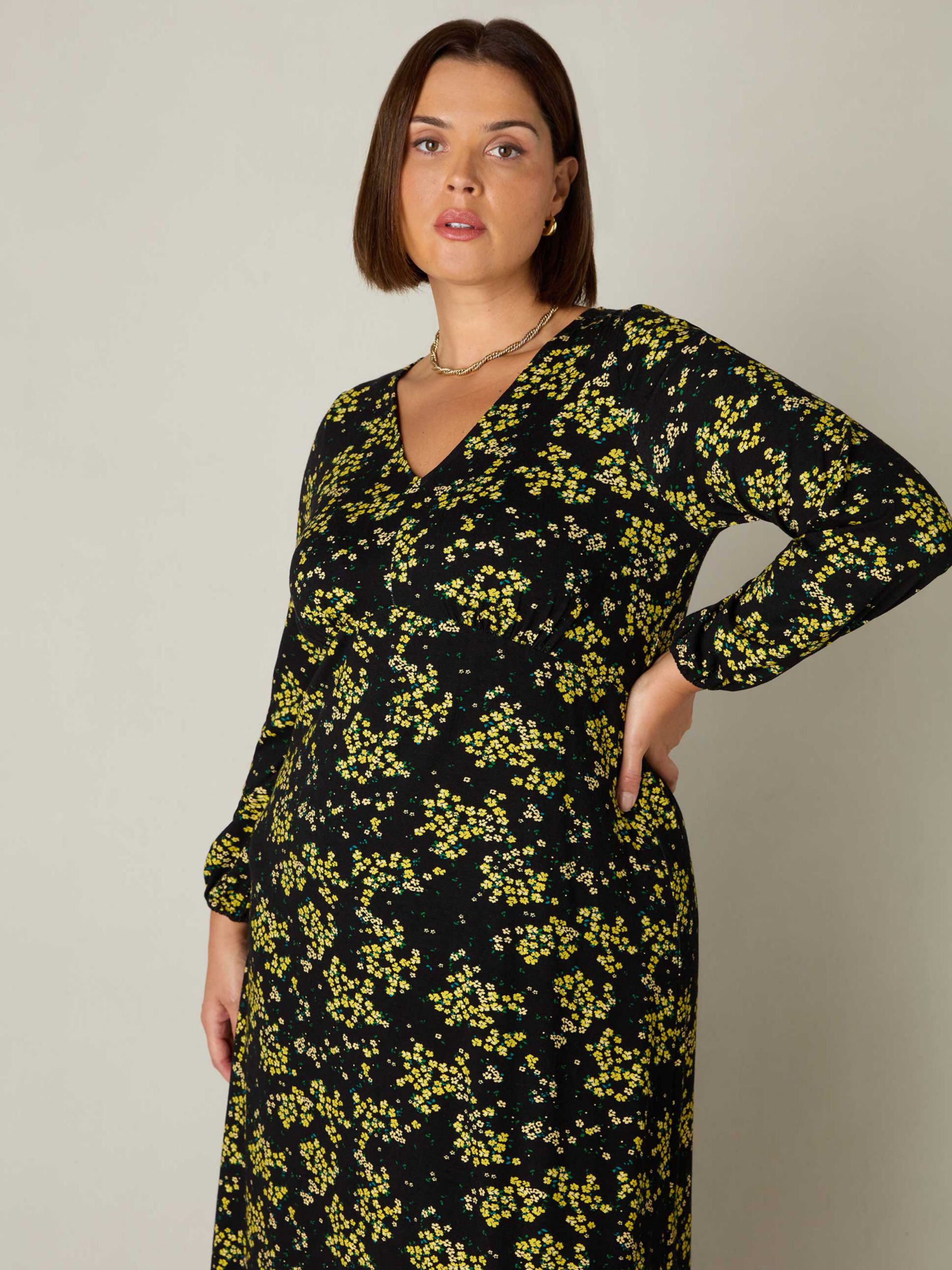 Buy Live Unlimited Curve Ditsy Floral Print Gathered Midi Dress, Yellow/Black Online at johnlewis.com