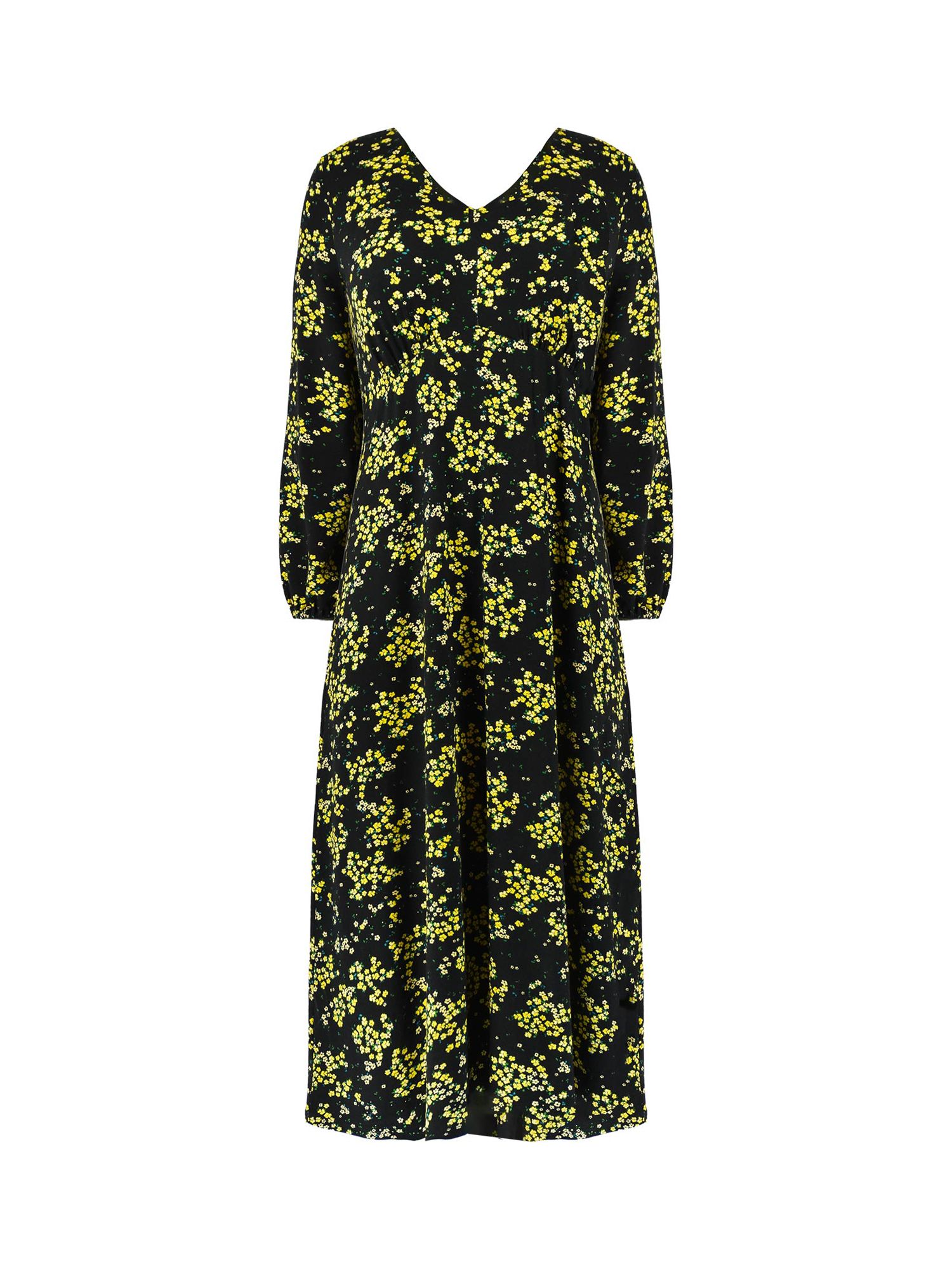Live Unlimited Curve Ditsy Floral Print Gathered Midi Dress, Yellow/Black, 14