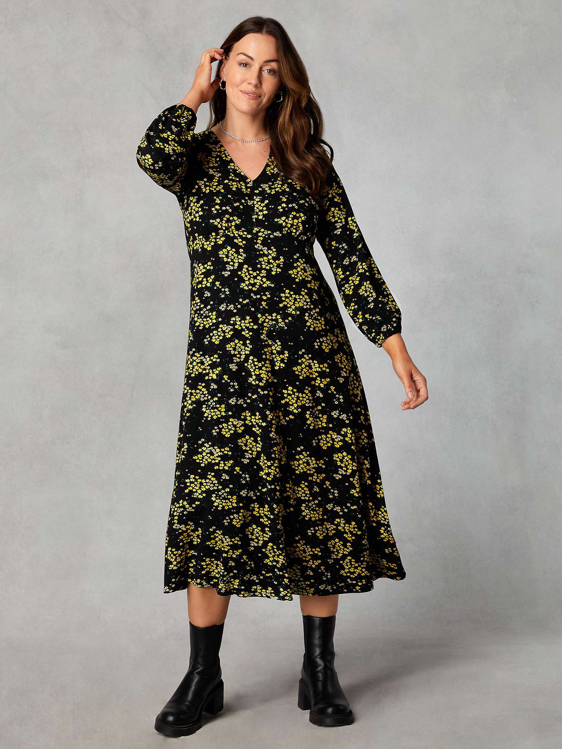 Buy Live Unlimited Curve Petite Ditsy Print Gathered Waist Jersey Midi Dress, Yellow/Multi Online at johnlewis.com