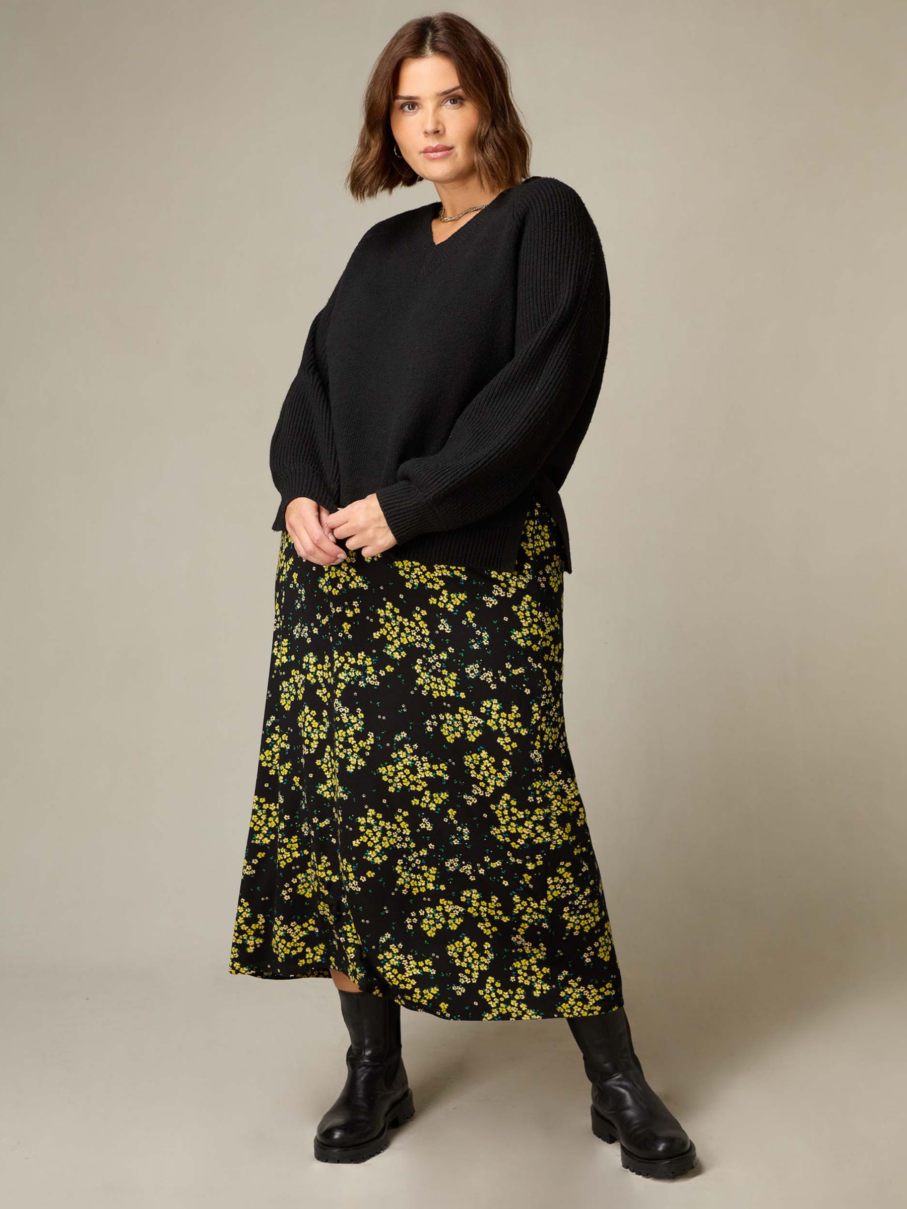 Buy Live Unlimited Curve Ditsy Print Jersey Swing Skirt, Black/Yellow Online at johnlewis.com