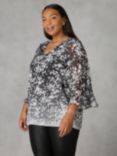 Live Unlimited Curve Floral Flute Sleeve Overlay Top, Black/White