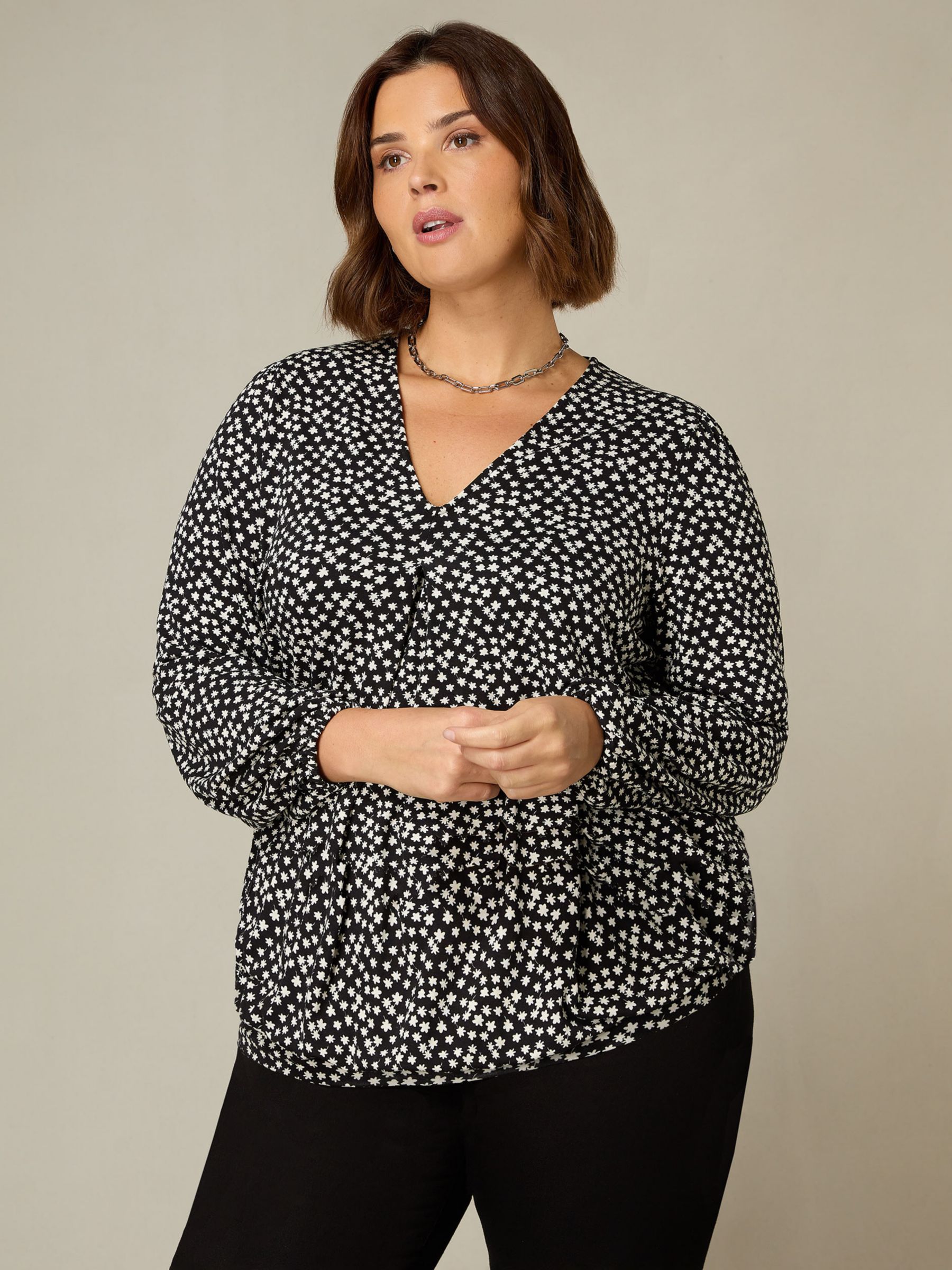 Live Unlimited Curve Ditsy Print Pleat Front Top, Black/White at John ...