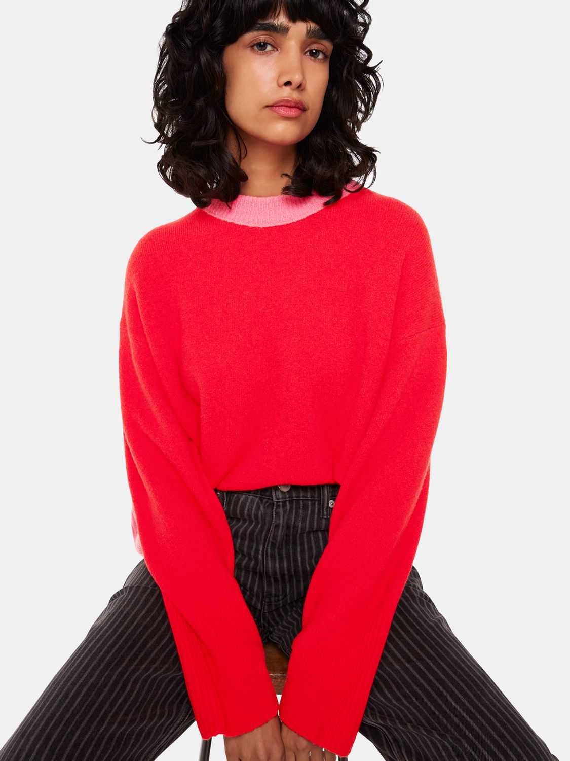 Whistles Colour Block Crew Neck Jumper, Red/Multi at John Lewis & Partners