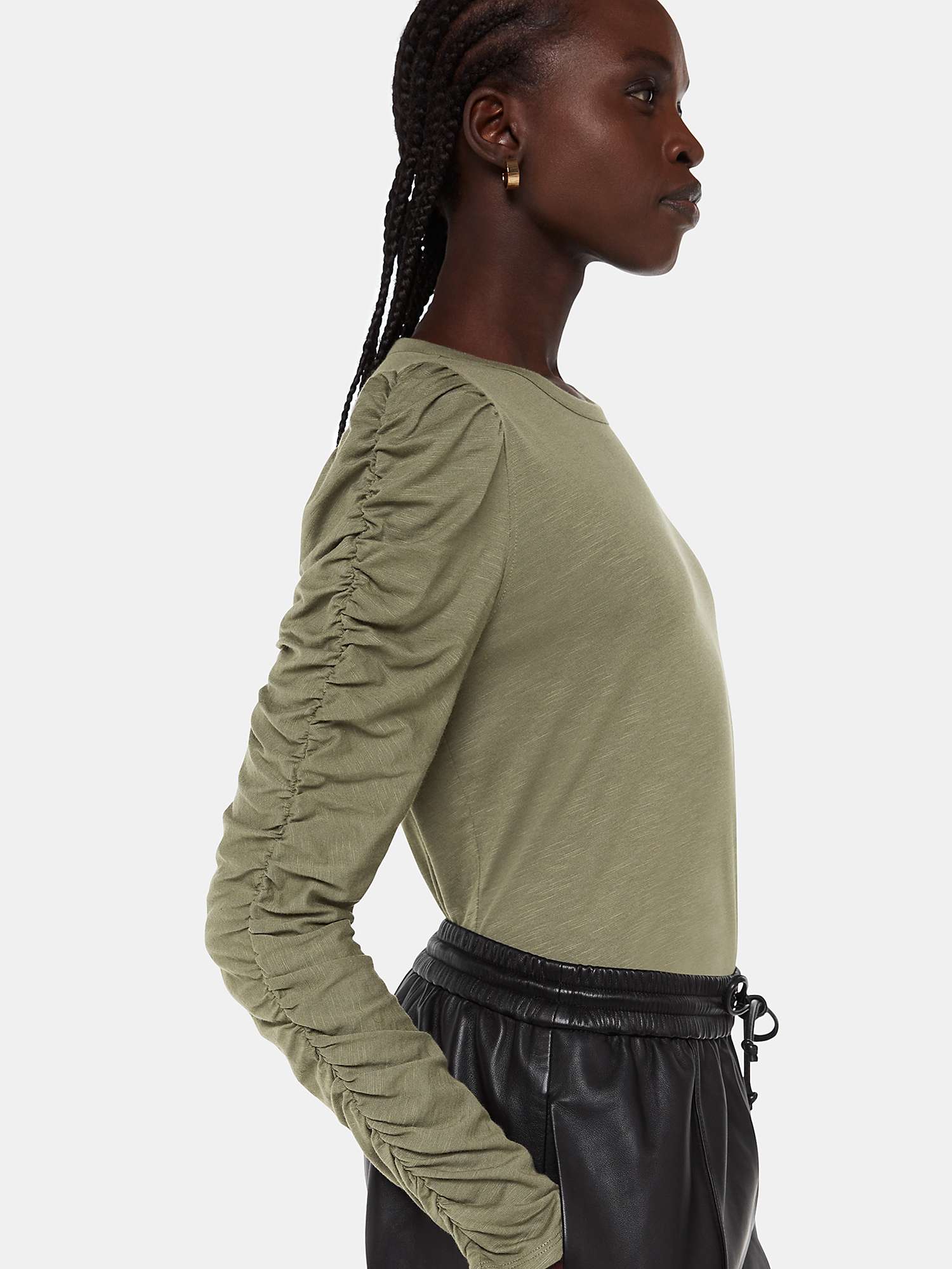 Buy Whistles Ruched Sleeve Top, Khaki Online at johnlewis.com