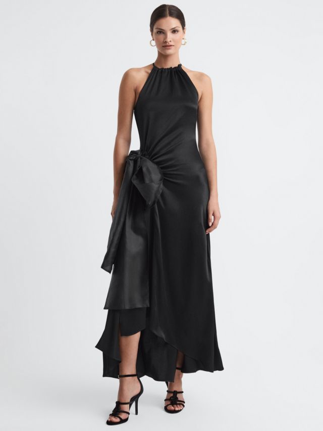 Reiss Luna Bow Trim Frill Maxi Satin Dress, Black, 4