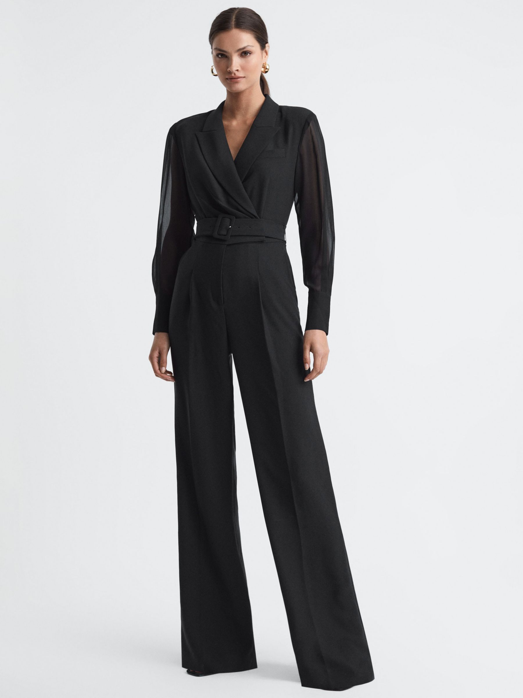 Reiss Flora Sheer Sleeve Belted Jumpsuit, Black at John Lewis & Partners