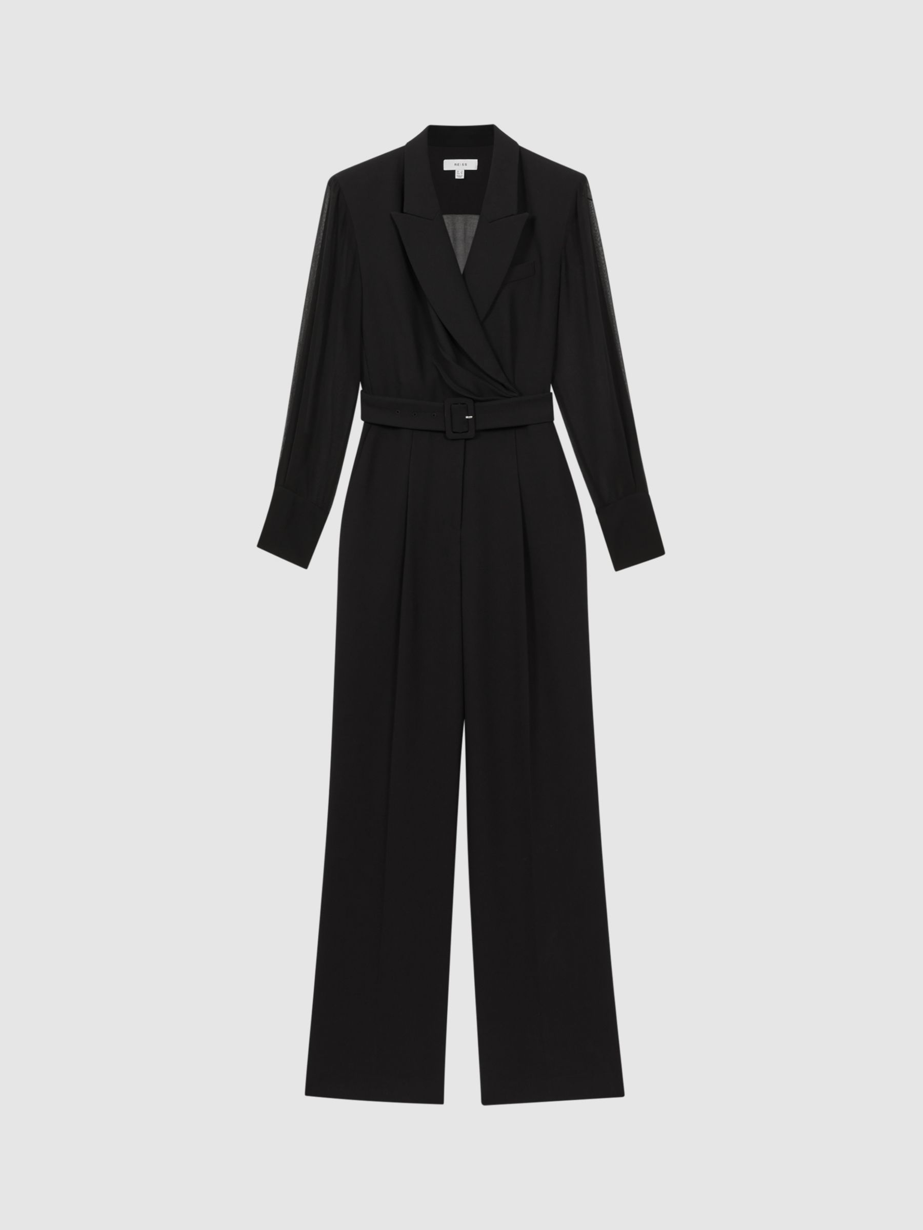 Reiss Flora Sheer Sleeve Belted Jumpsuit, Black, 4