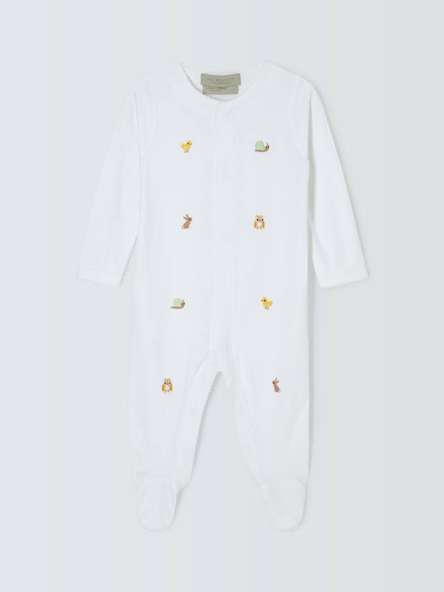 John Lewis Heirloom Collection Baby Woodland Animals Embroidered Pima Cotton Sleepsuit, White