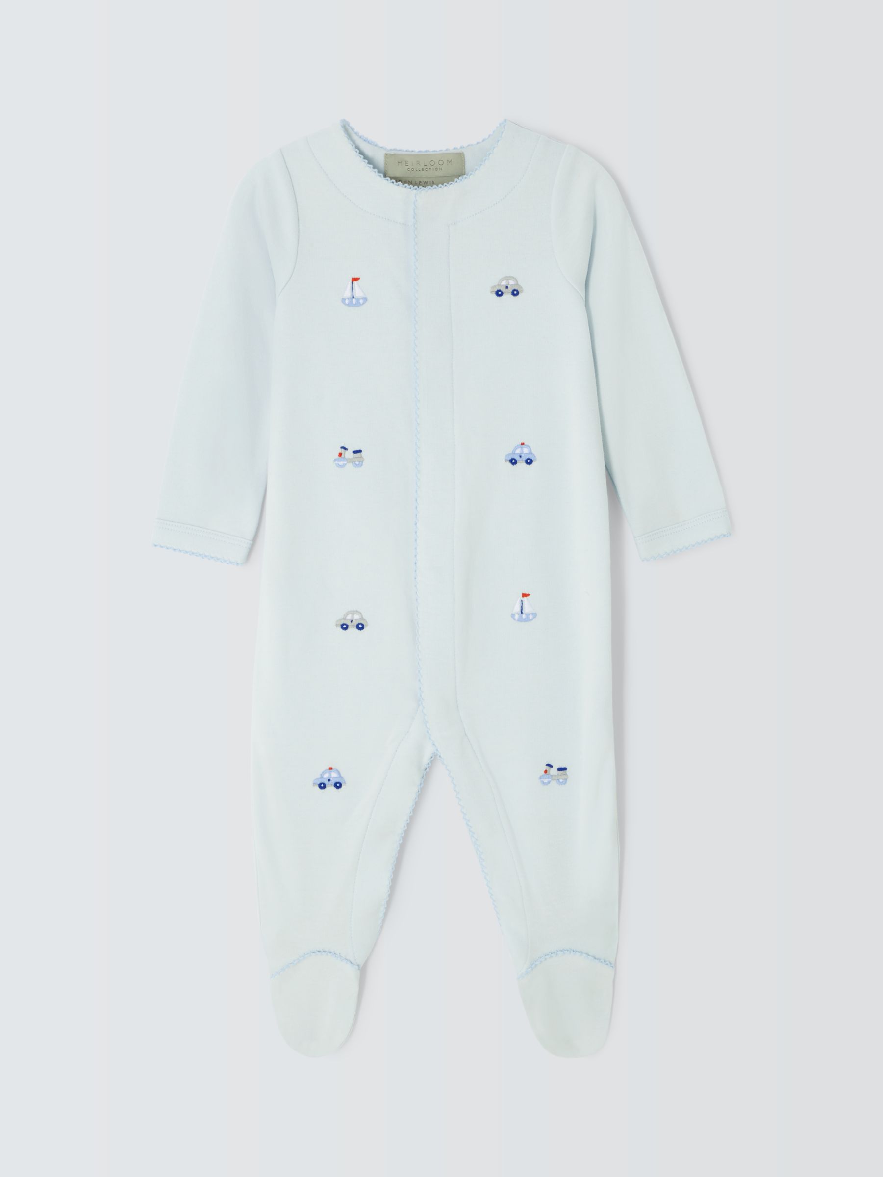 John Lewis Heirloom Collection Baby Transport Toys Embroidered Pima Cotton Sleepsuit, Blue, 3-6 months