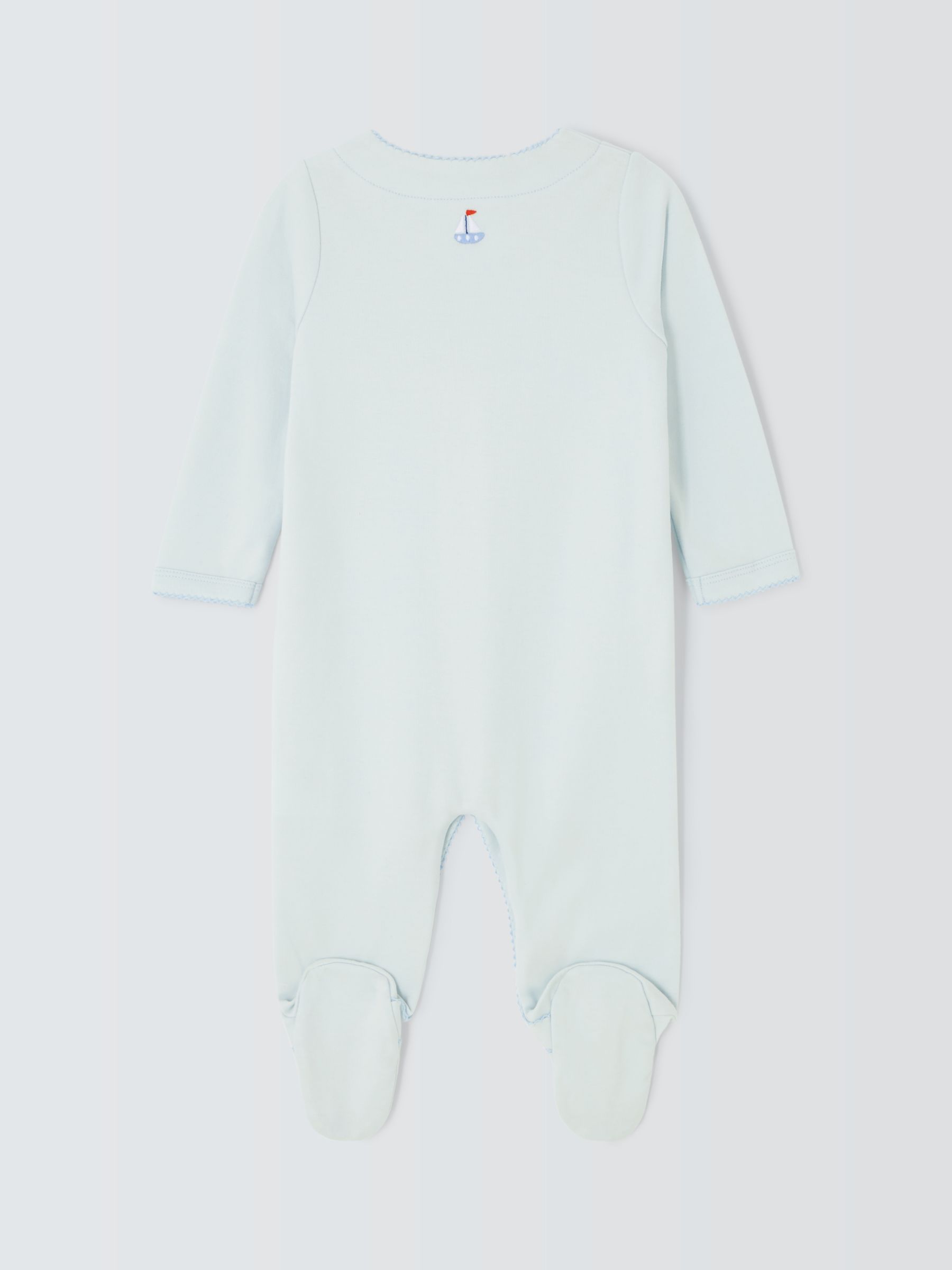 John Lewis Heirloom Collection Baby Transport Toys Embroidered Pima Cotton Sleepsuit, Blue, 3-6 months