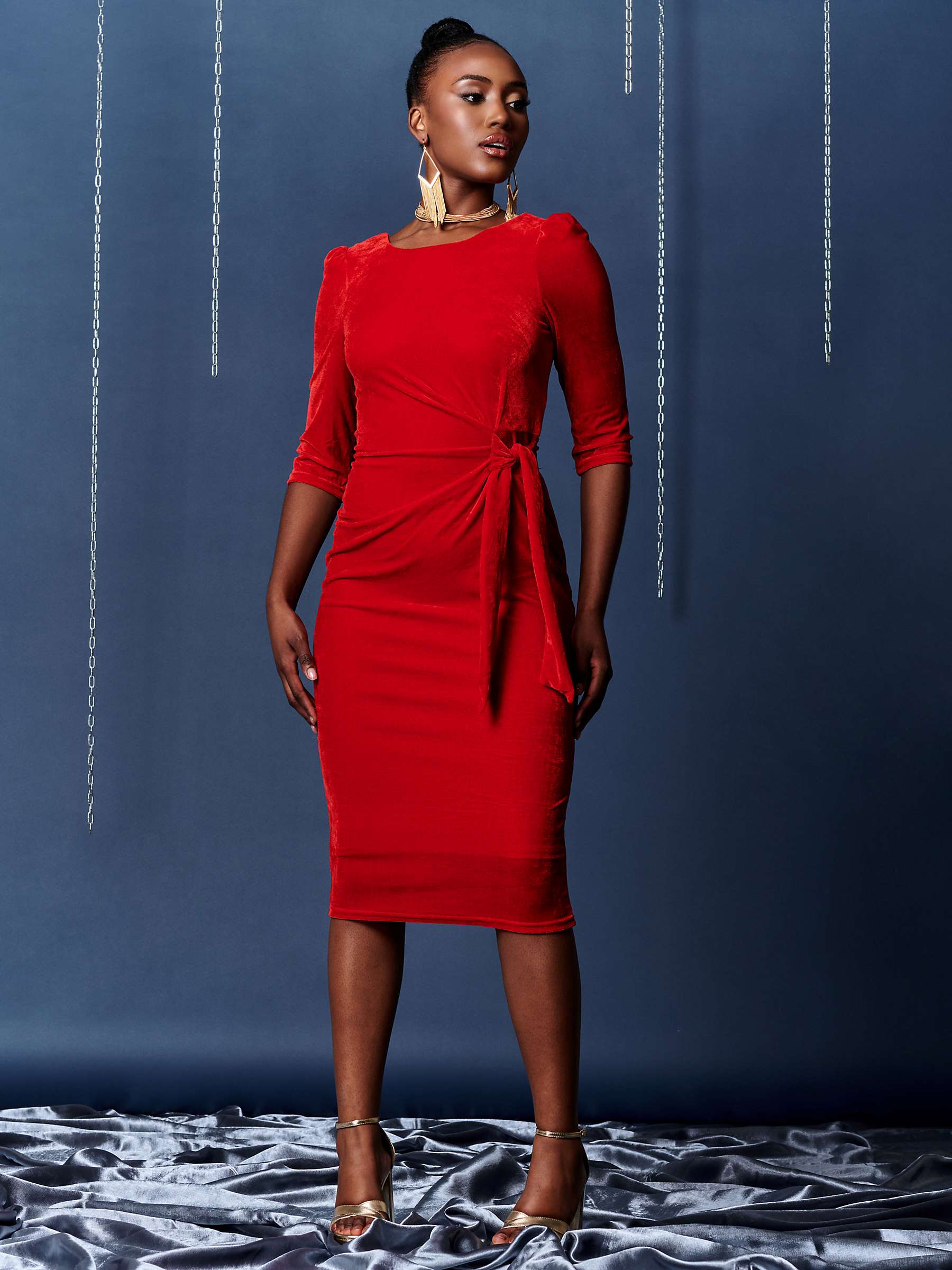 Jolie Moi Velvet Bodycon Midi Dress, Red at John Lewis & Partners