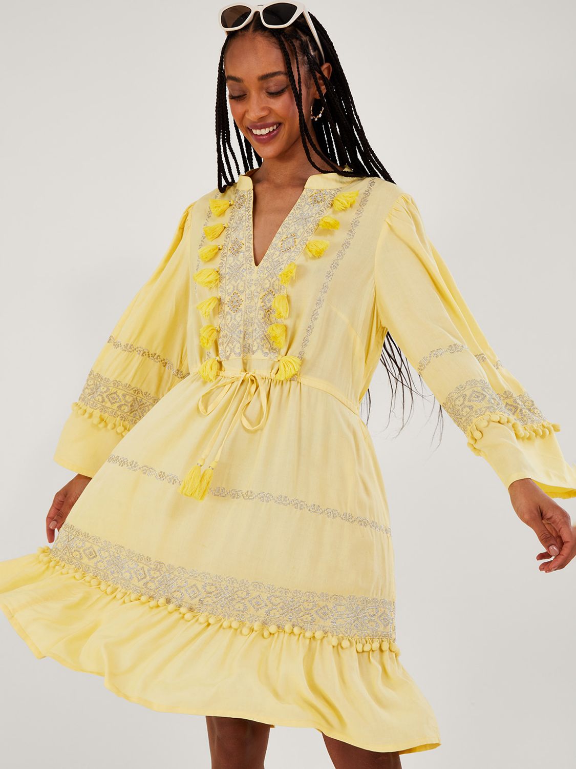 Monsoon Embroidered & Pom Kaftan Dress, Yellow at John Lewis & Partners