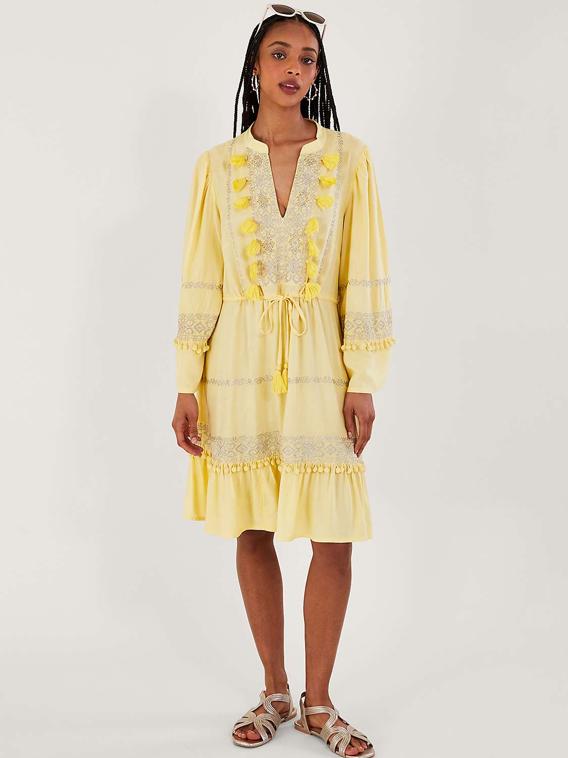Buy Monsoon Embroidered & Pom Kaftan Dress, Yellow Online at johnlewis.com