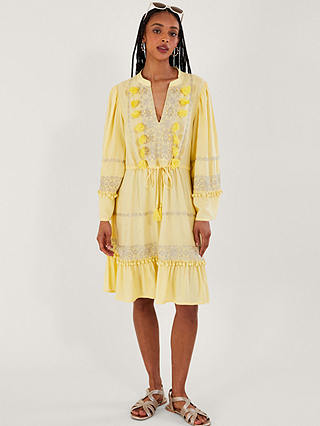 Monsoon Embroidered & Pom Kaftan Dress, Yellow