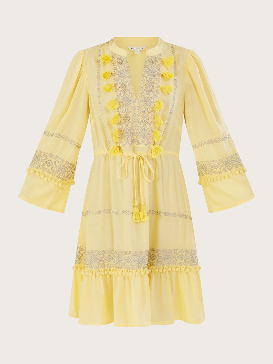 Monsoon Embroidered & Pom Kaftan Dress, Yellow, S
