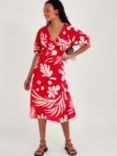 Monsoon Large Palm Print Tie Front Midi Dress, Red