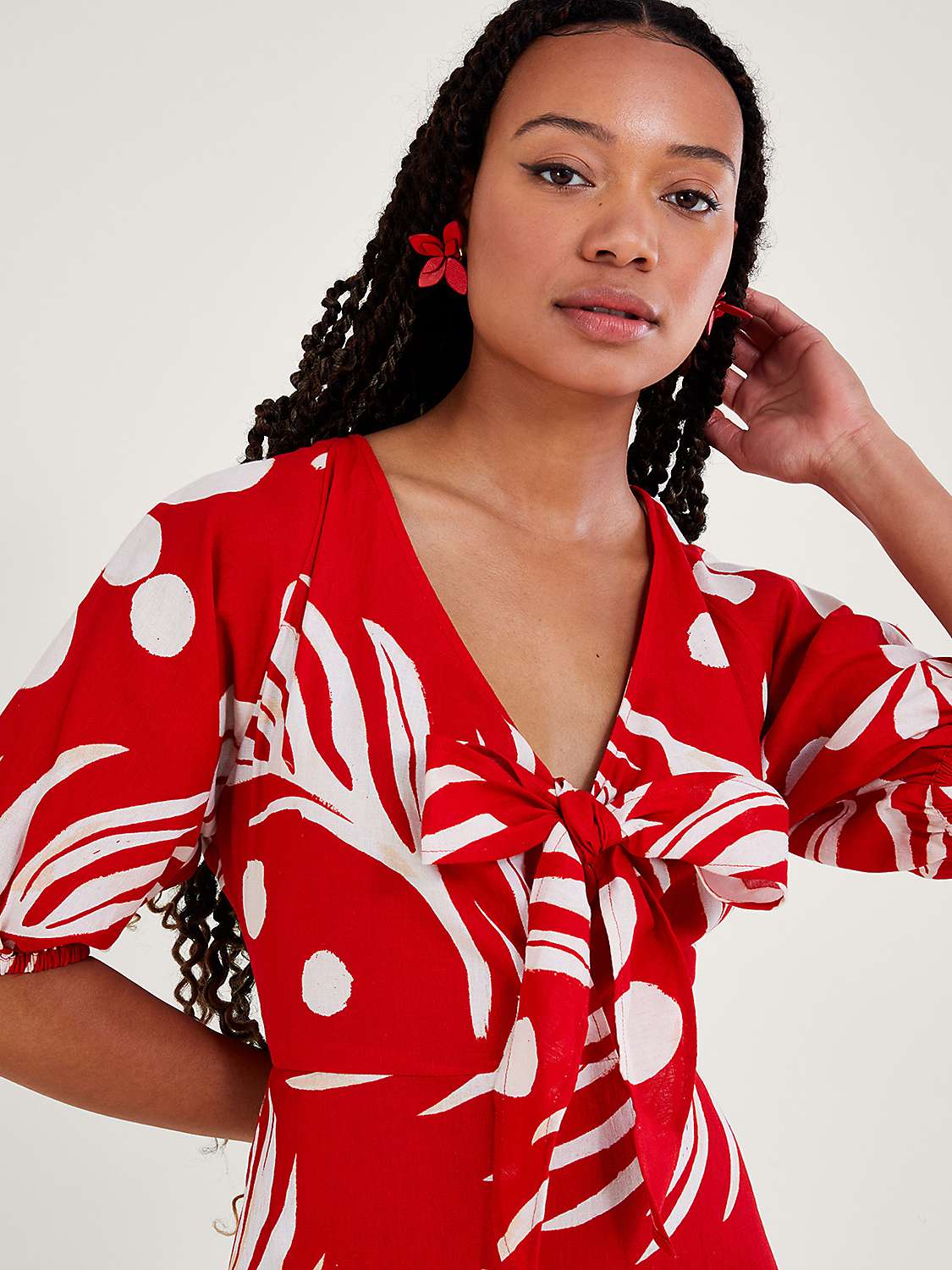 Buy Monsoon Large Palm Print Tie Front Midi Dress, Red Online at johnlewis.com
