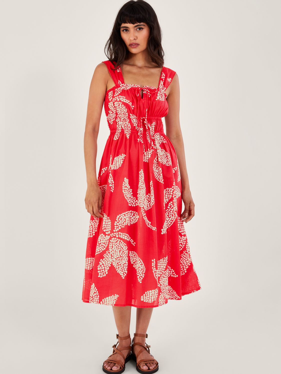 Monsoon Palm Spot Print Midi Dress, Red, S