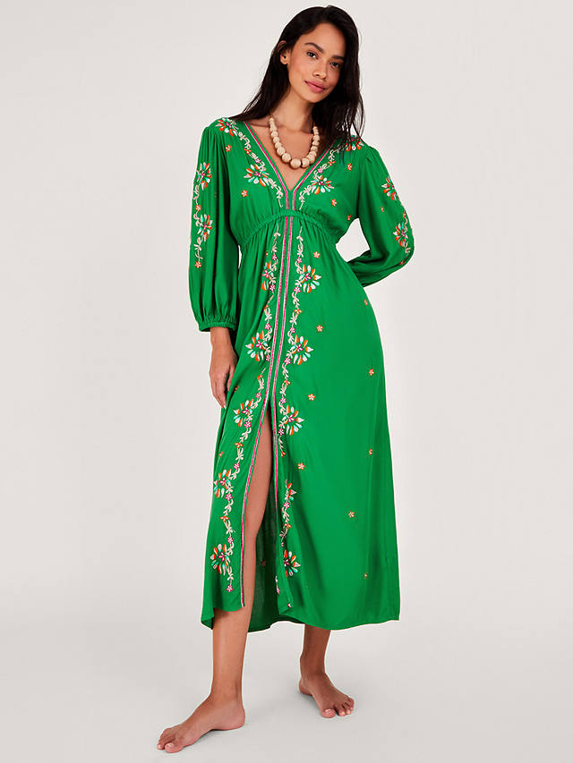 Monsoon Embroidered Floral Kaftan Maxi Dress, Green