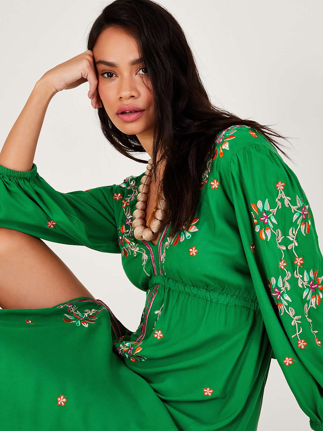 Buy Monsoon Embroidered Floral Kaftan Maxi Dress, Green Online at johnlewis.com