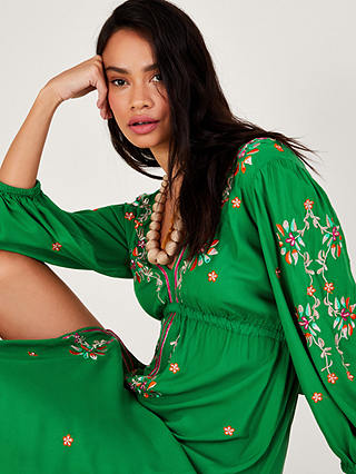 Monsoon Embroidered Floral Kaftan Maxi Dress, Green