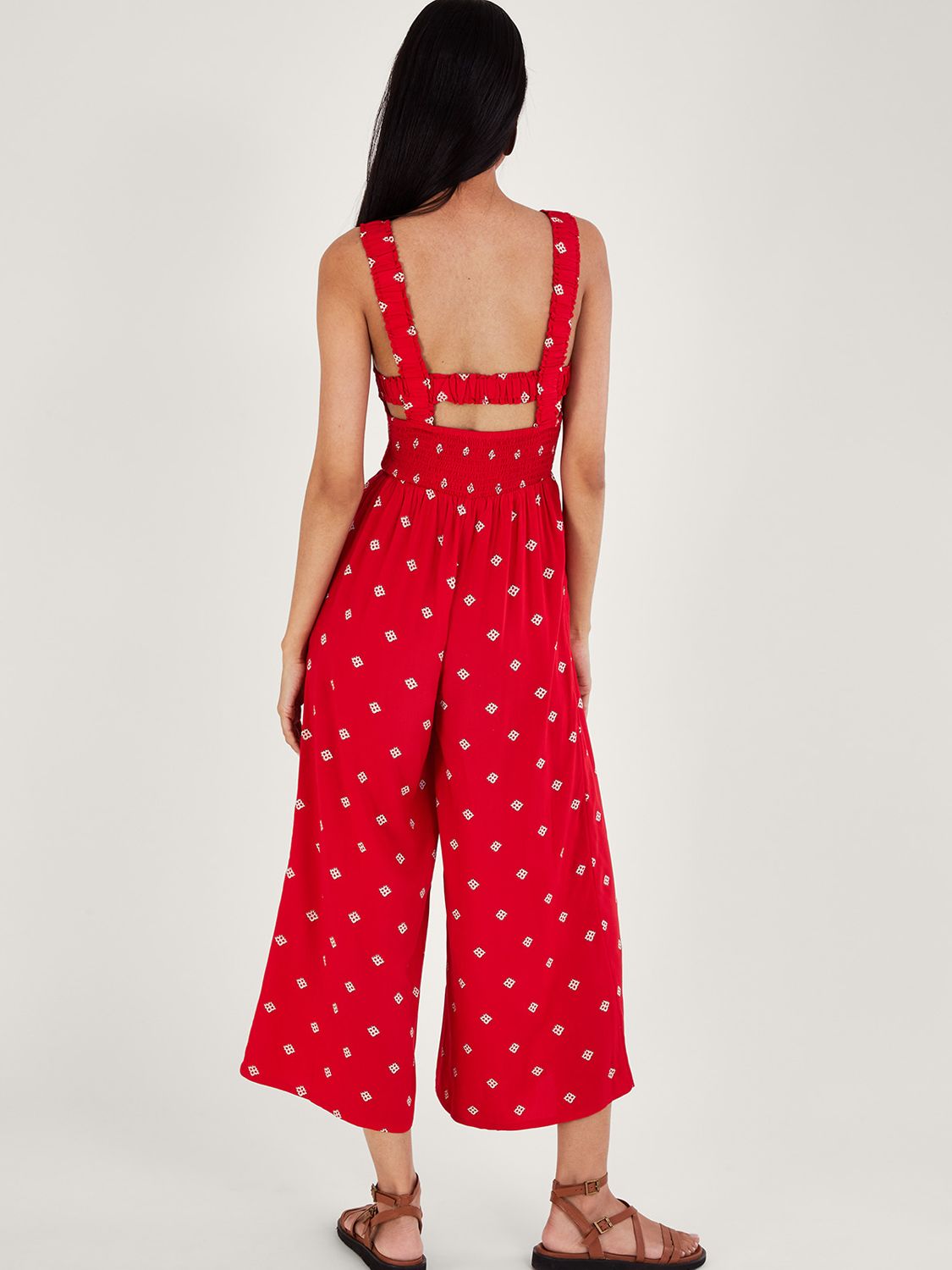 Monsoon Geometric Print Cut-Out Back Jumpsuit, Red, S