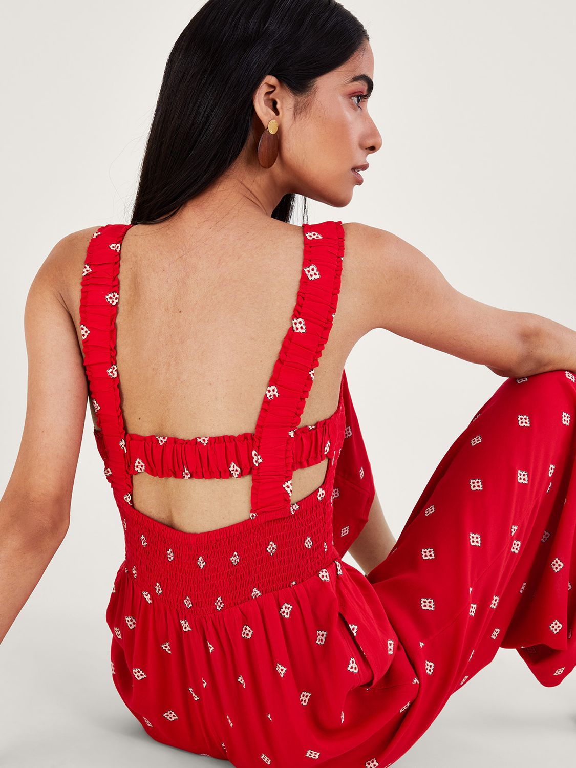 Monsoon Geometric Print Cut-Out Back Jumpsuit, Red, S