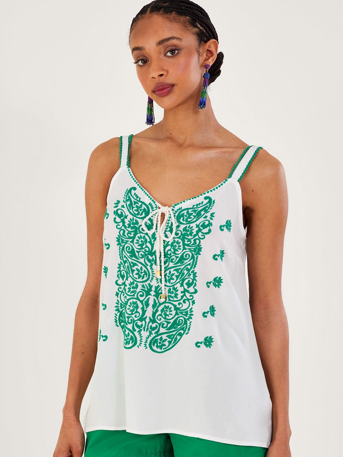 Monsoon Embroidered Paisley Floral Cami Top, Green, S