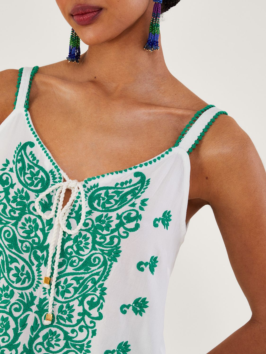 Monsoon Embroidered Paisley Floral Cami Top, Green, S