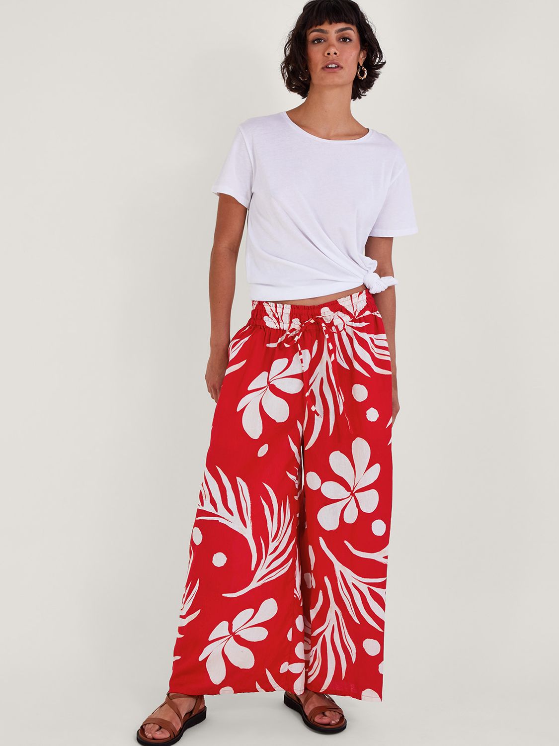 Monsoon Large Palm Print Wide Leg Trousers, Red, S