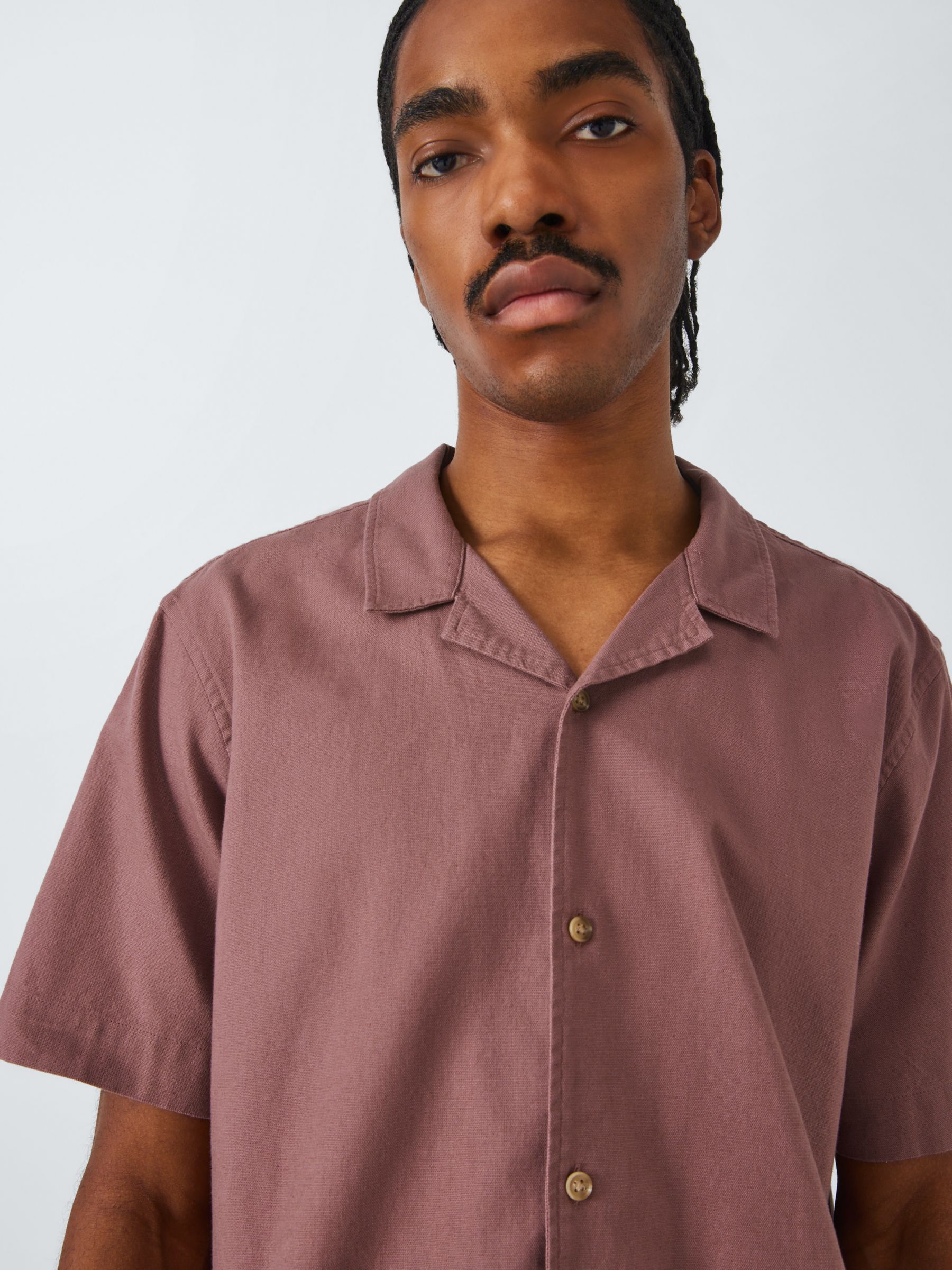 John Lewis ANYDAY Cotton & Linen Cuban Collar Shirt, Rose Brown, S