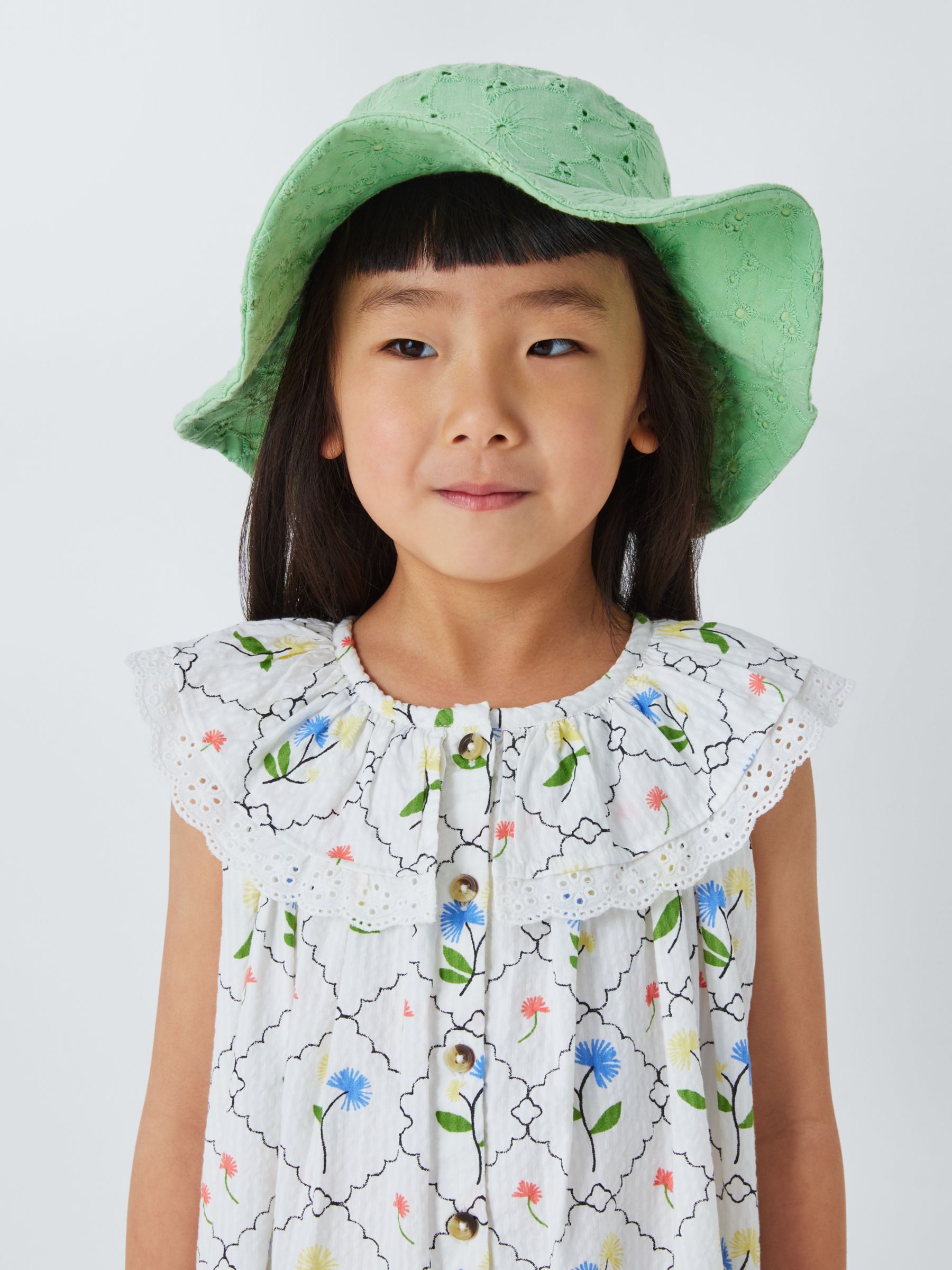 John Lewis Kids' Broderie Floppy Hat, Green, 3-5 years