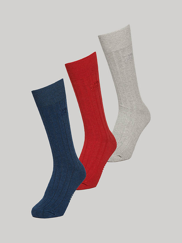 Superdry Unisex Organic Cotton Blend Core Rib Crew Socks, Pack of 3, Navy/Red/White