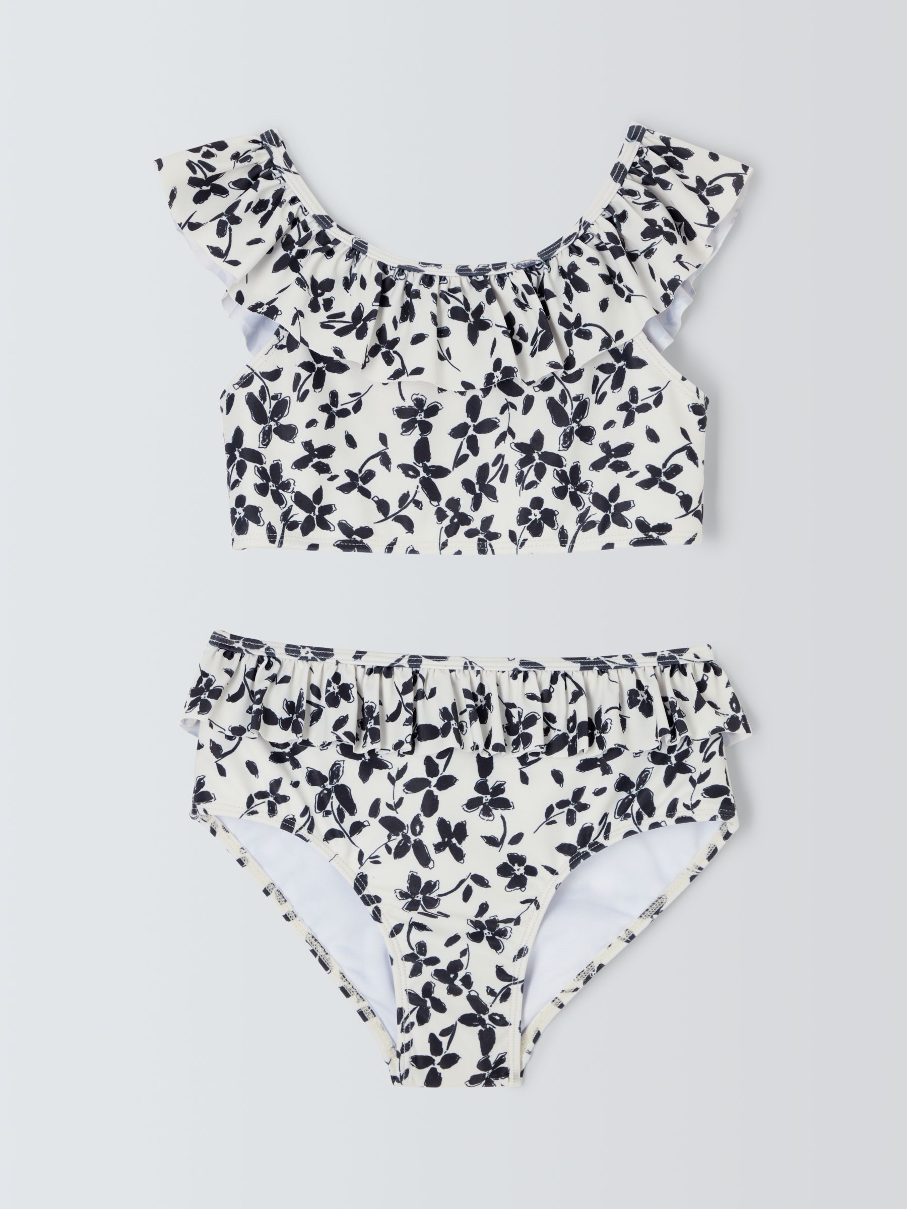 John Lewis Kids' Monochrome Floral Print Ruffle Bikini, Black/White, 12 years